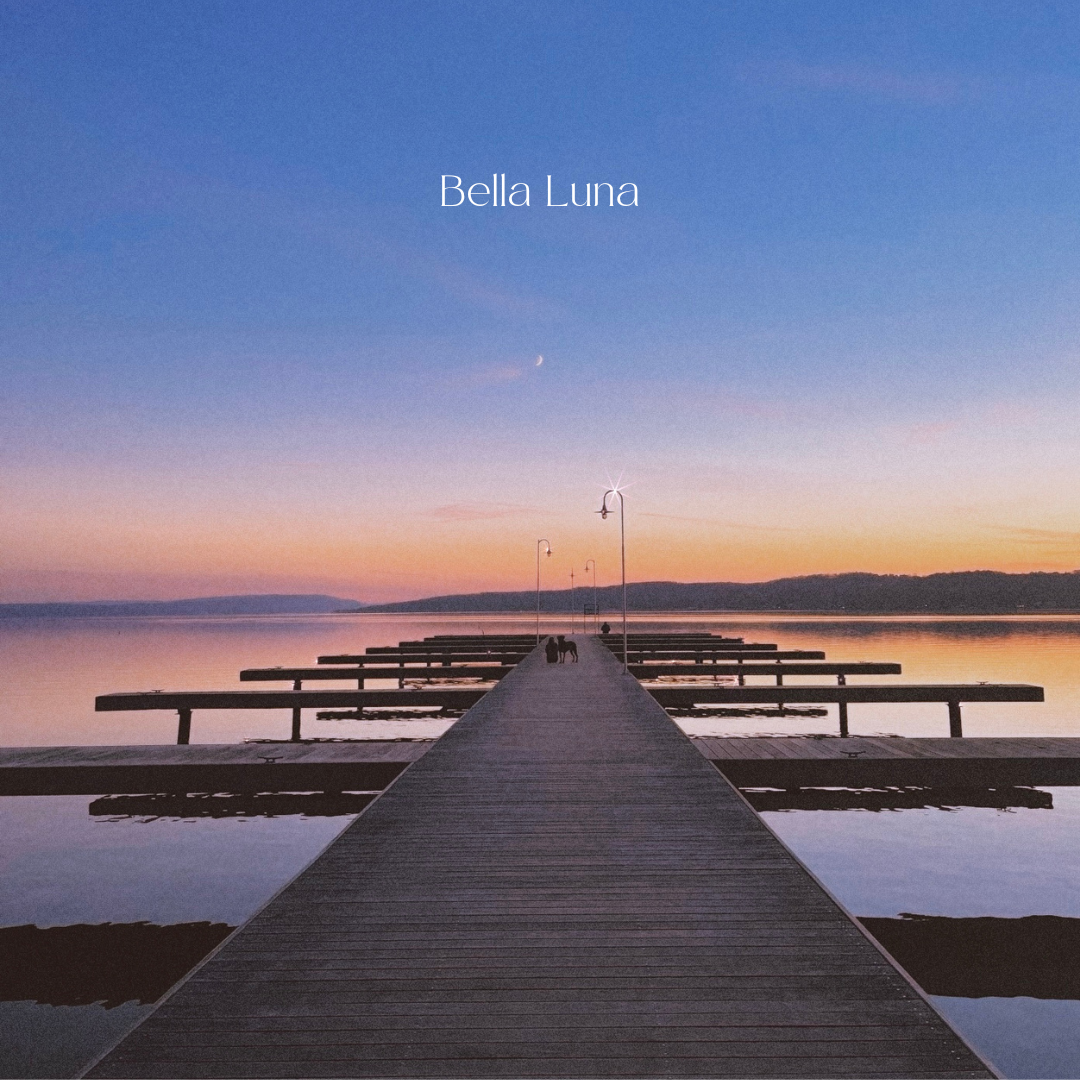 A wooden pier extends into a calm lake during sunset with pastel sky, moon, and street lamps along the pier, two people with a dog at the end.