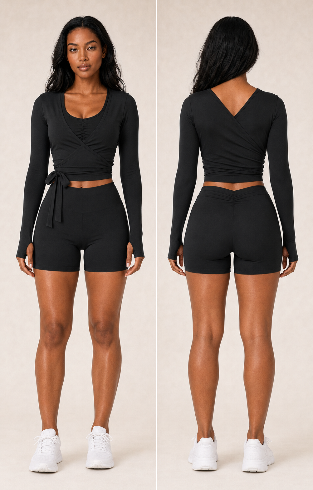 Front and back views of a woman wearing a black long-sleeve top, black shorts, and white sneakers against a plain background.