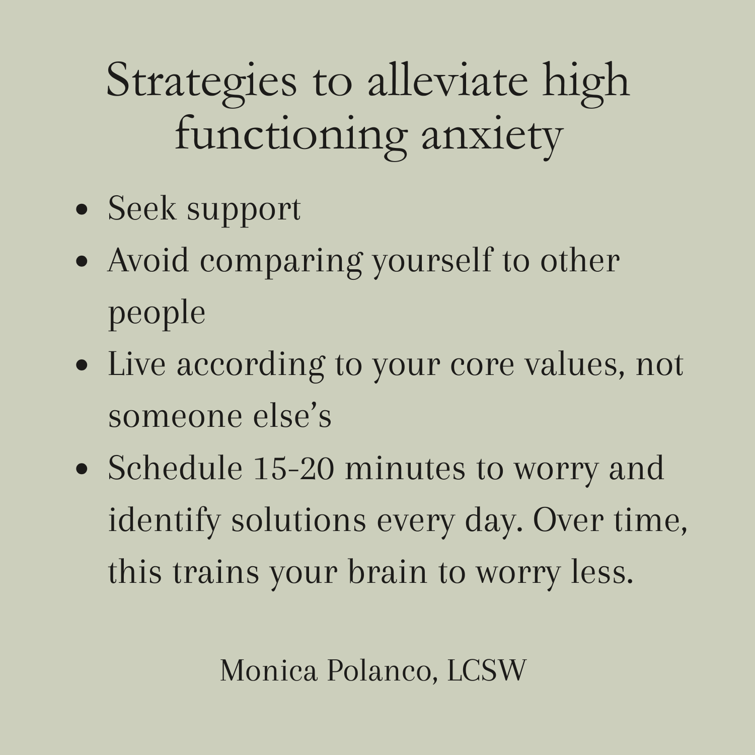 Graphic providing strategies to alleviate high-functioning anxiety.