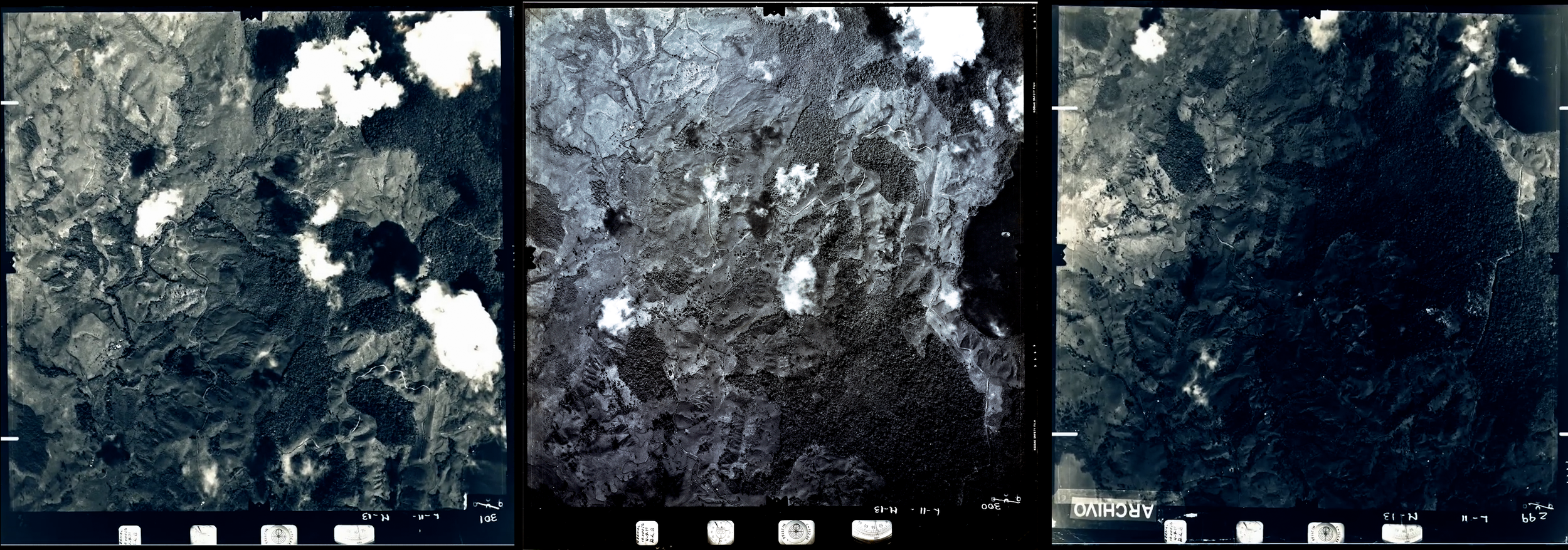 Triptych of Sergio Loaiza's 1971 photo over Lago Cote showing the anomaly in frame 300.