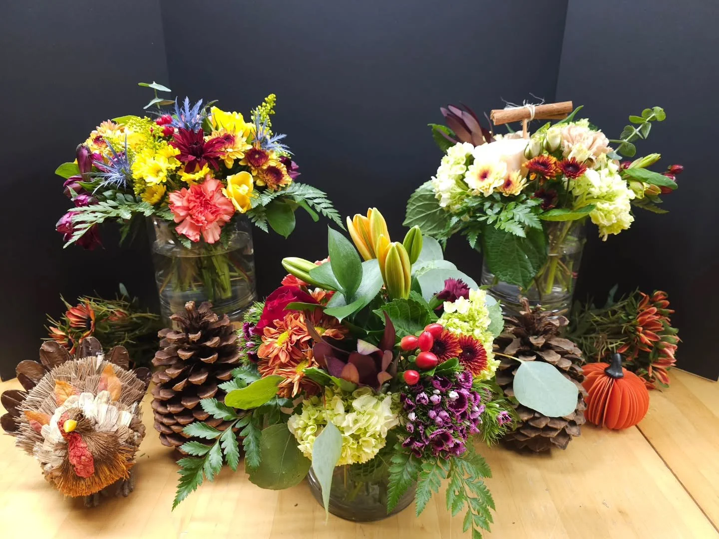 Thanksgiving pre- made arrangements. Available for pick up or we can deliver. Stop by or just give us a call.