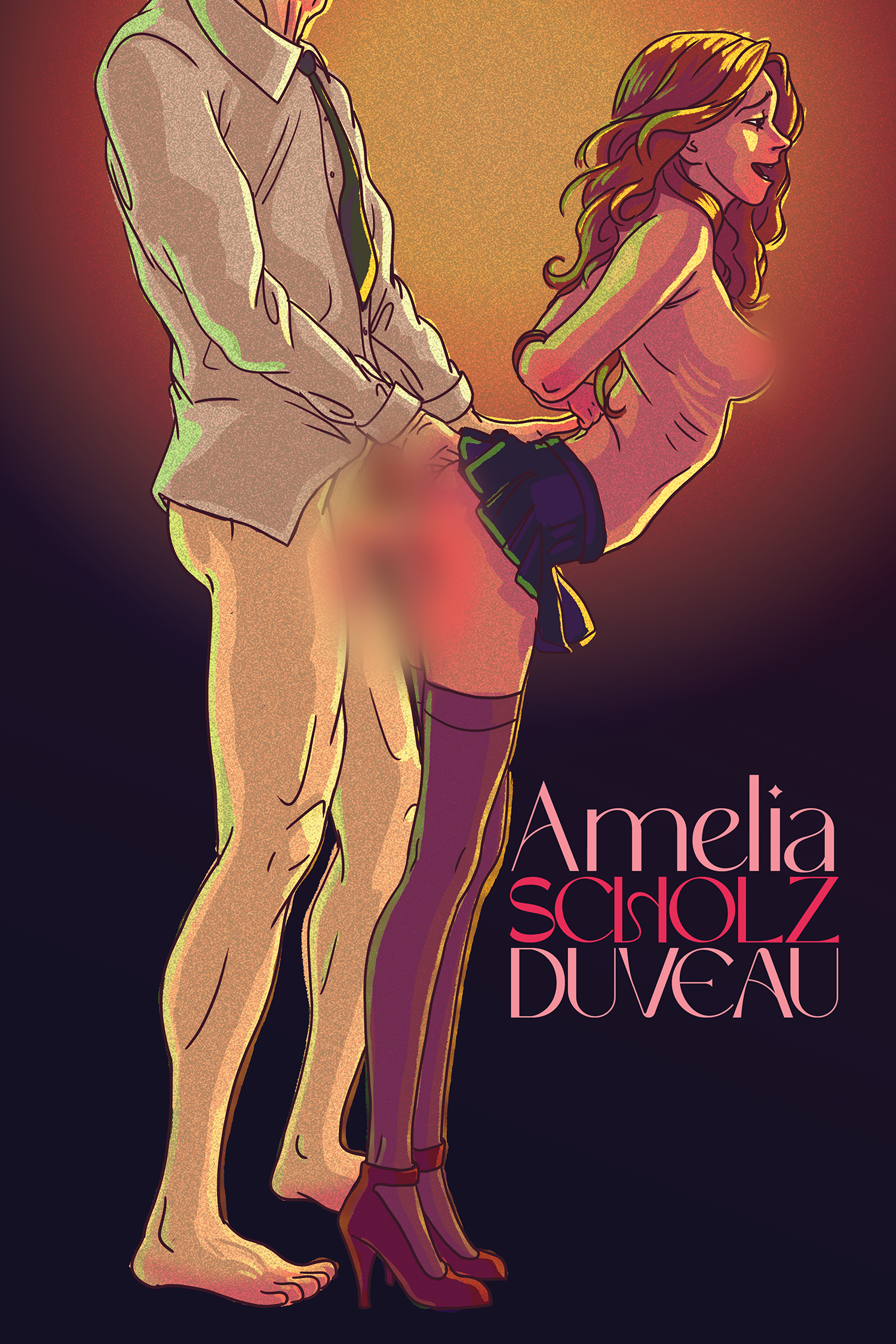Illustration of a man and woman, with the man revealing himself to be a nude, hairless human-like creature, and the woman, dressed in stockings and high heels, smiling. The background is dark with gradient colors, and the text reads: 'Amelia Scholz D