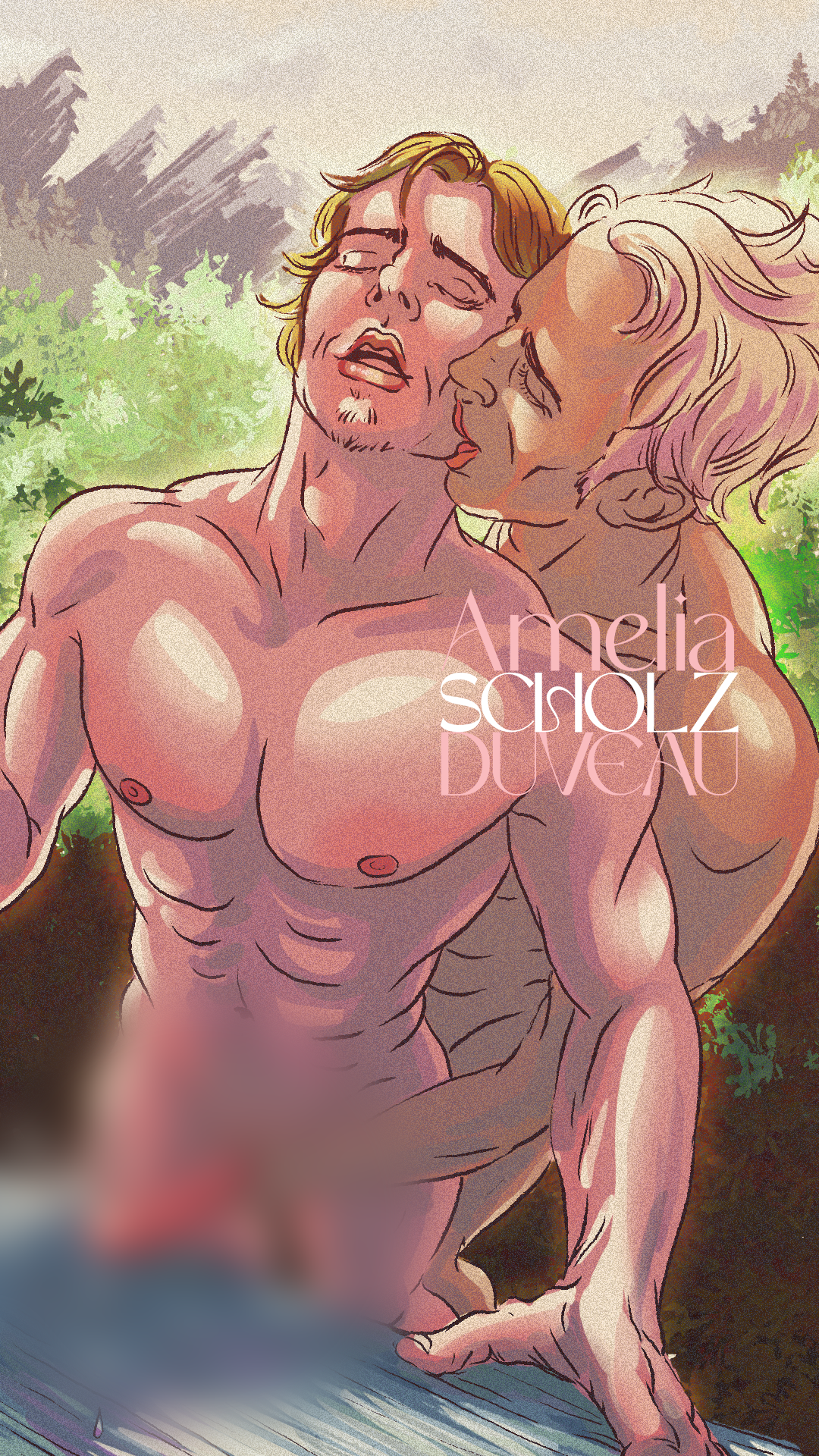 A digital illustration of two muscular, shirtless men embracing outdoors with trees and mountains in the background, featuring the text "Amelia Scholz".