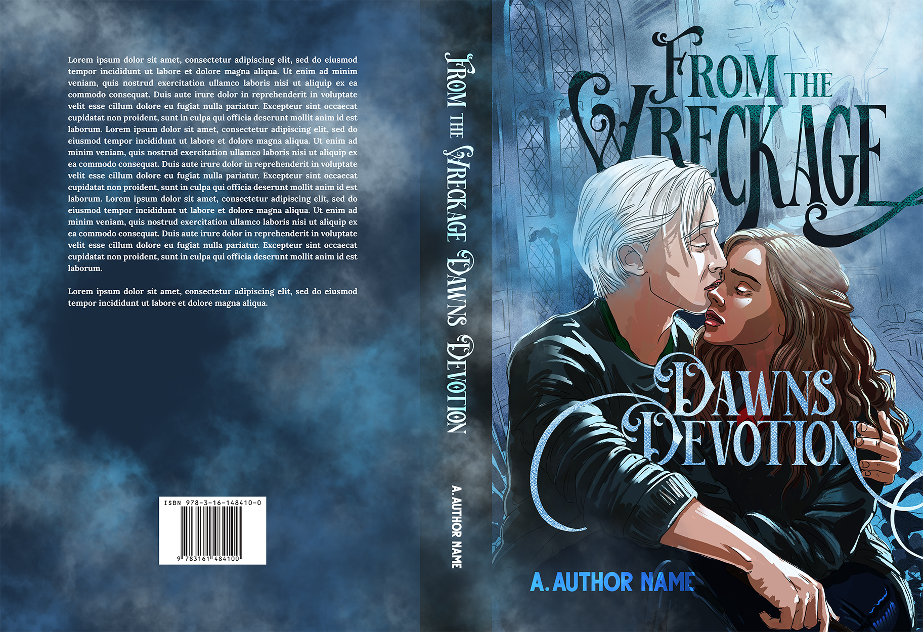 Book cover titled "From the Wreckage: Dawns Devotion" by A. Author Name. The illustration features a silver-haired person and a brown-haired person sharing an intimate moment, with a gothic cathedral setting in the background.