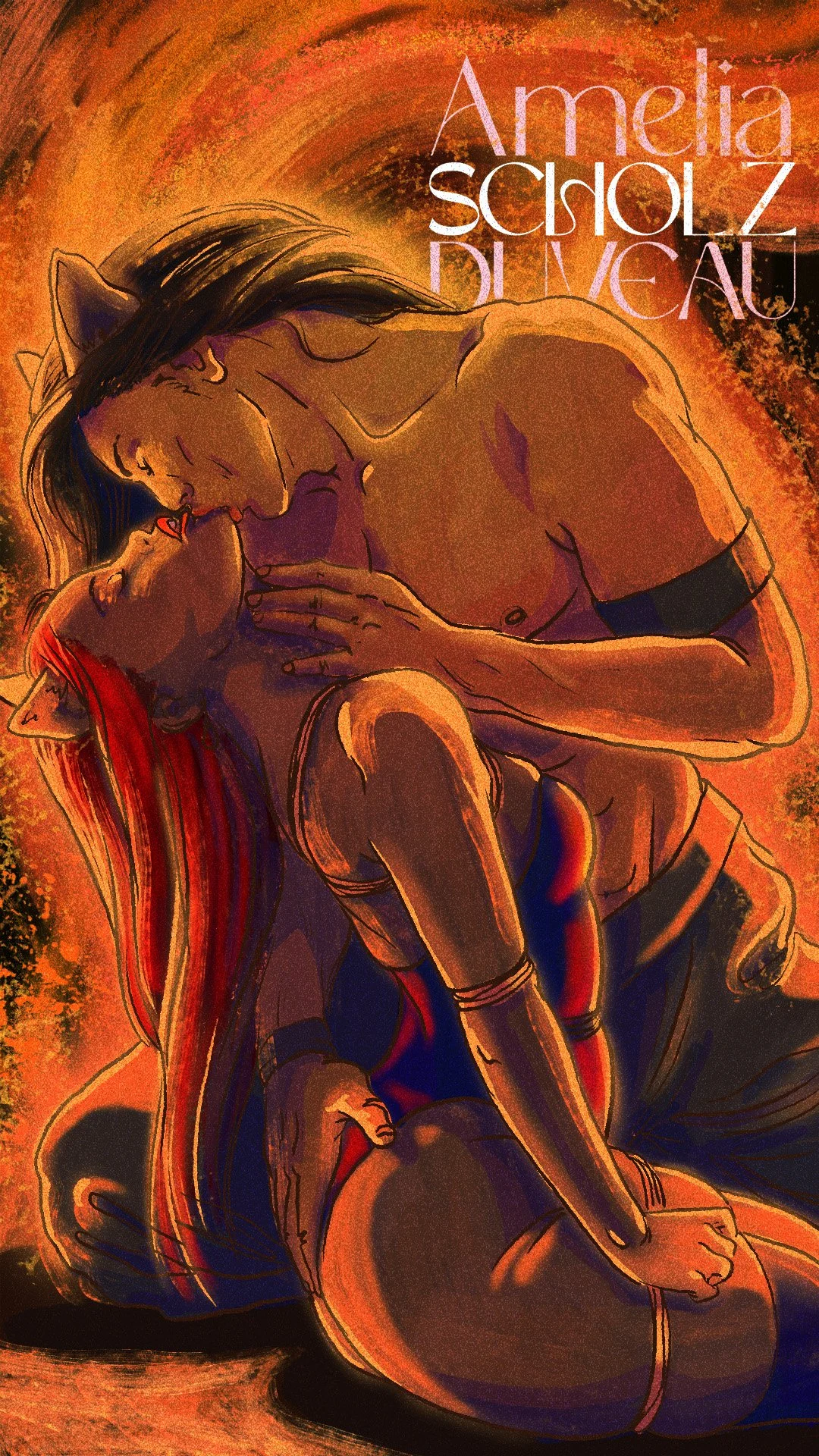 Illustration of two women with cat ears and a tail sharing an intimate moment, with the text 'Amelía Scholz Divineau' in the background.