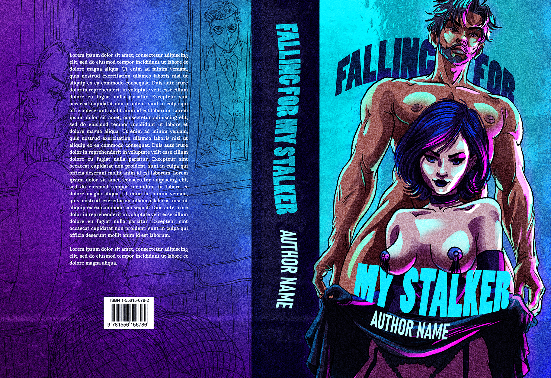 A colorful, digital illustration of a shirtless man with dark, messy hair and a woman with purple hair and dark makeup, both in provocative poses. The book title is 'My Stalker,' and the author's name is placeholder text. The back cover features a pu