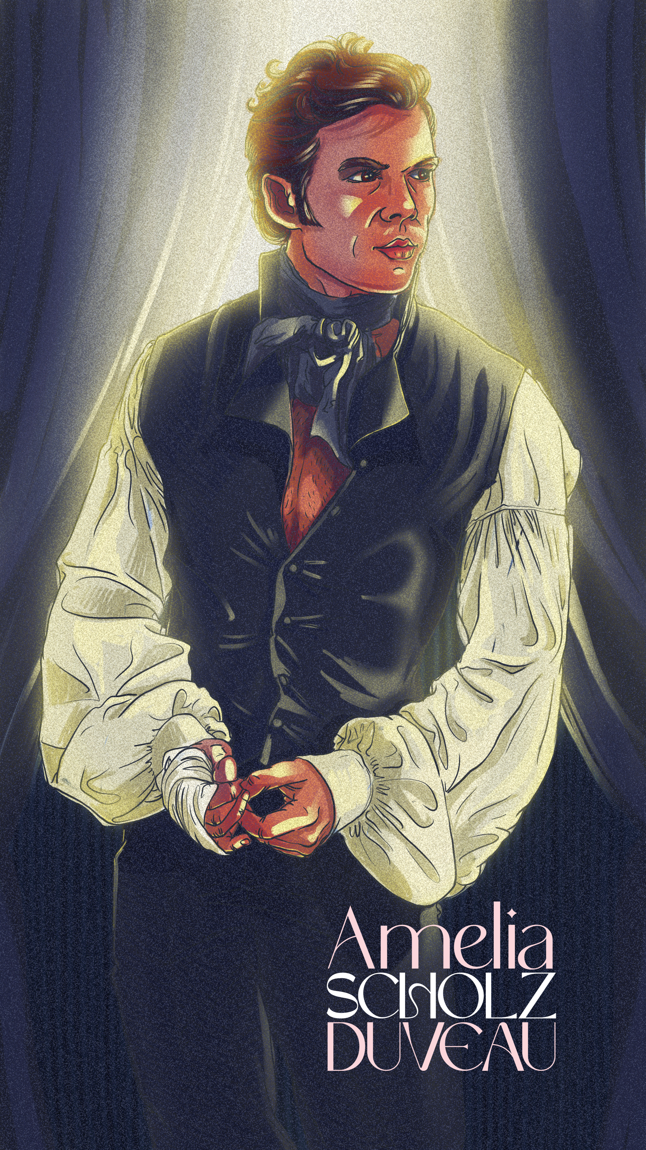 Illustration of a woman with short hair, wearing a black vest over a cream-colored blouse, tying a black scarf around her neck, with the text "Amelia Scholz Duveau" in stylized pink and white font at the bottom.