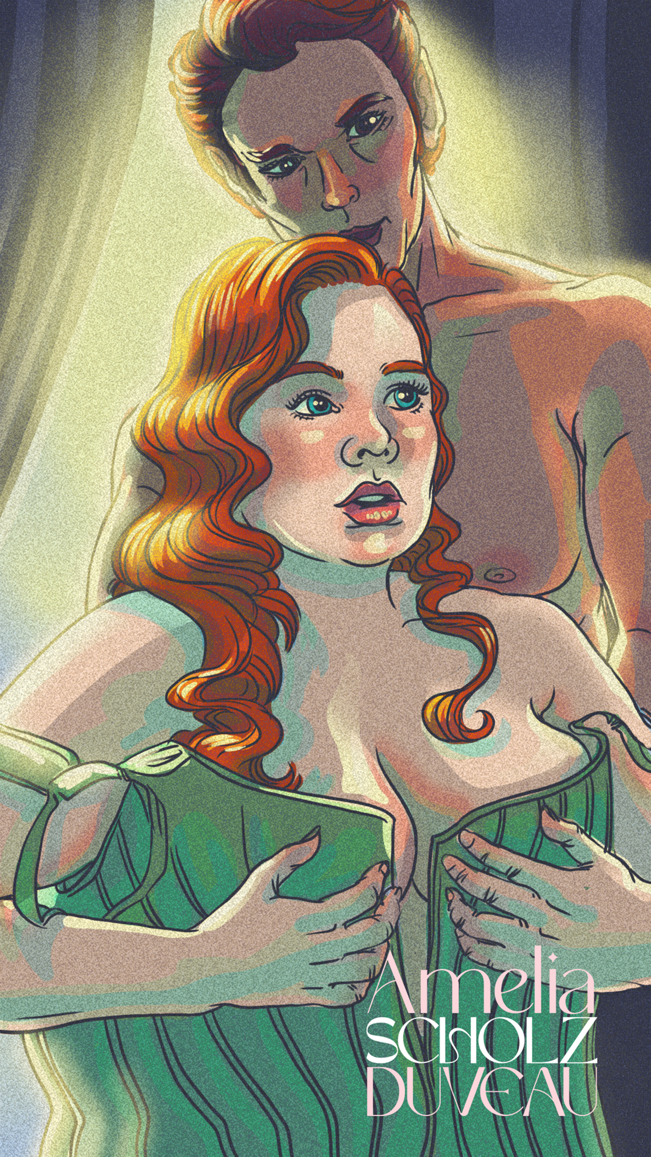 Two women, one with red hair and the other with darker hair, in an intimate pose with the red-haired woman holding her breasts. The image appears to be a stylized digital illustration with the text 'Amelia Sacolz Duveau' at the bottom.