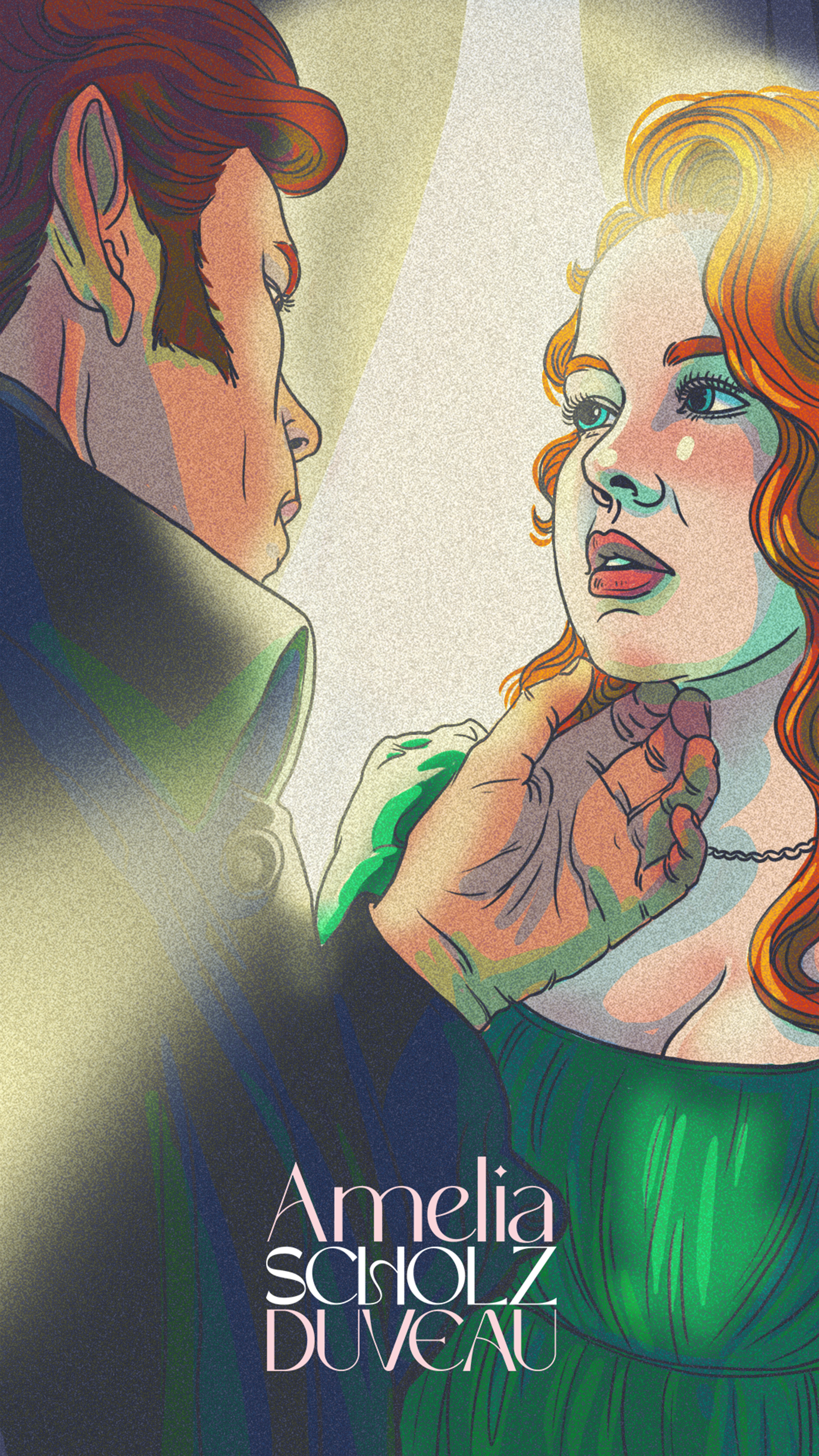 A comic-style illustration of a man with reddish hair and a woman with long red hair, with the man gently holding the woman's chin. The woman is wearing a green dress. The background is a gradient with a spotlight effect. The text on the image reads 