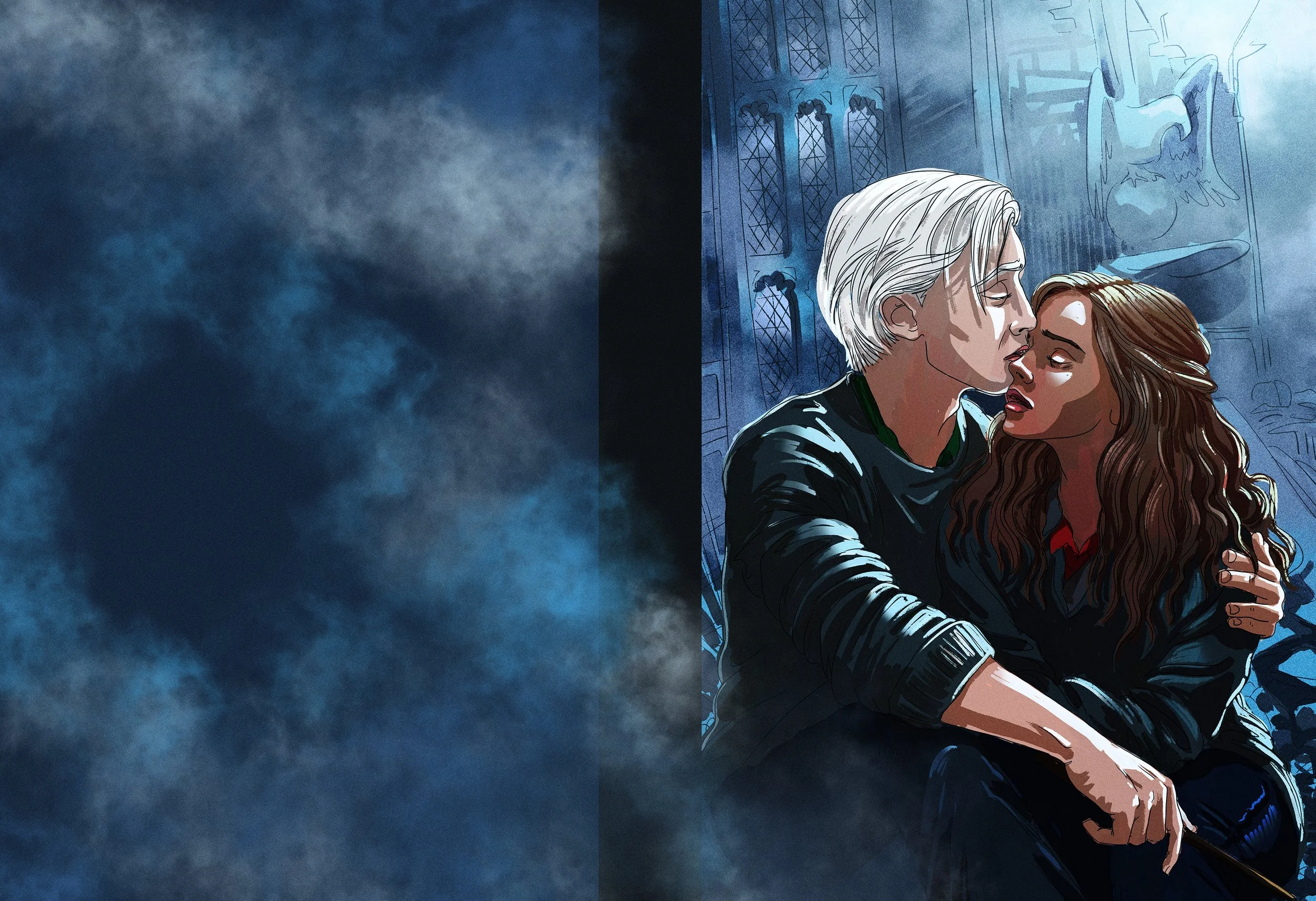 Animated illustration of two women in an intimate moment, one with short white hair and the other with long, wavy brown hair, in a room with gothic windows and a statue of an eagle.