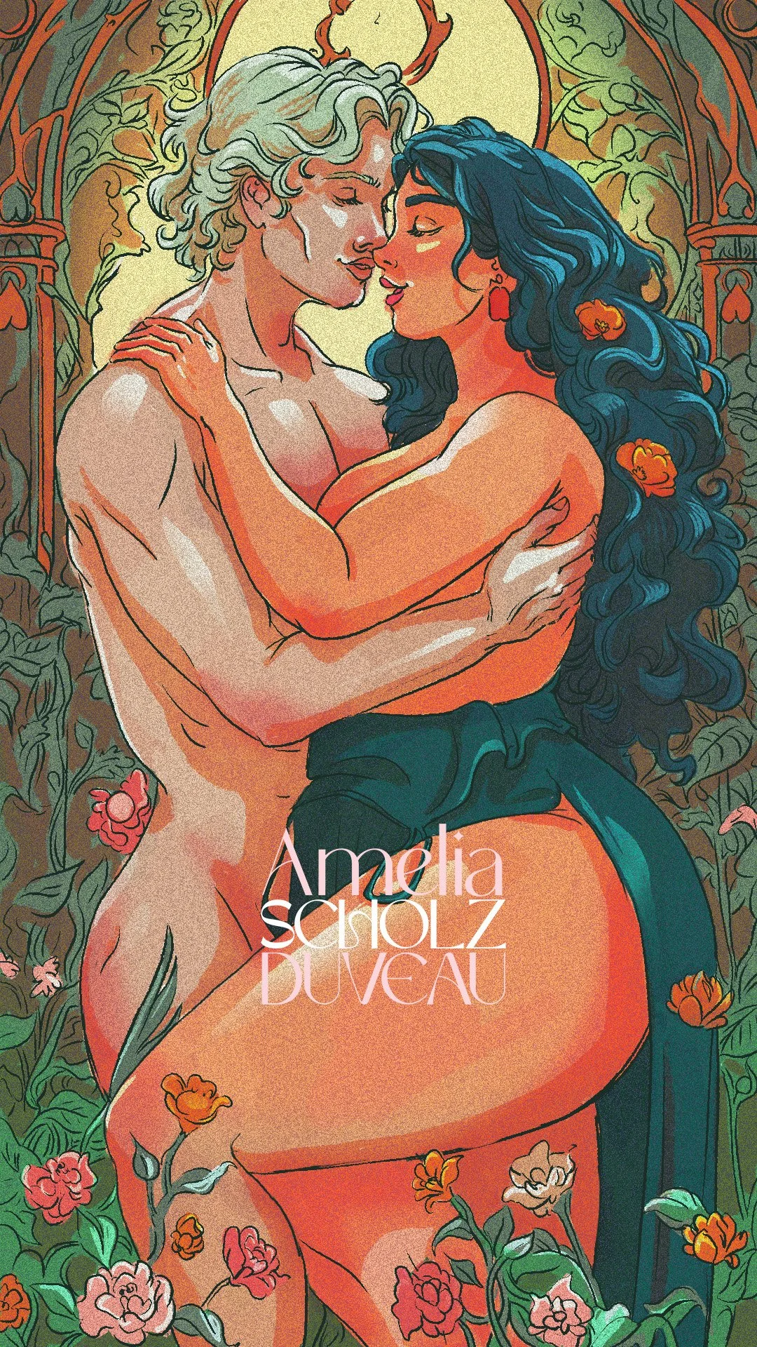 An artwork depicting a man and a woman embracing each other intimately amidst a floral background with green vines and colorful flowers.