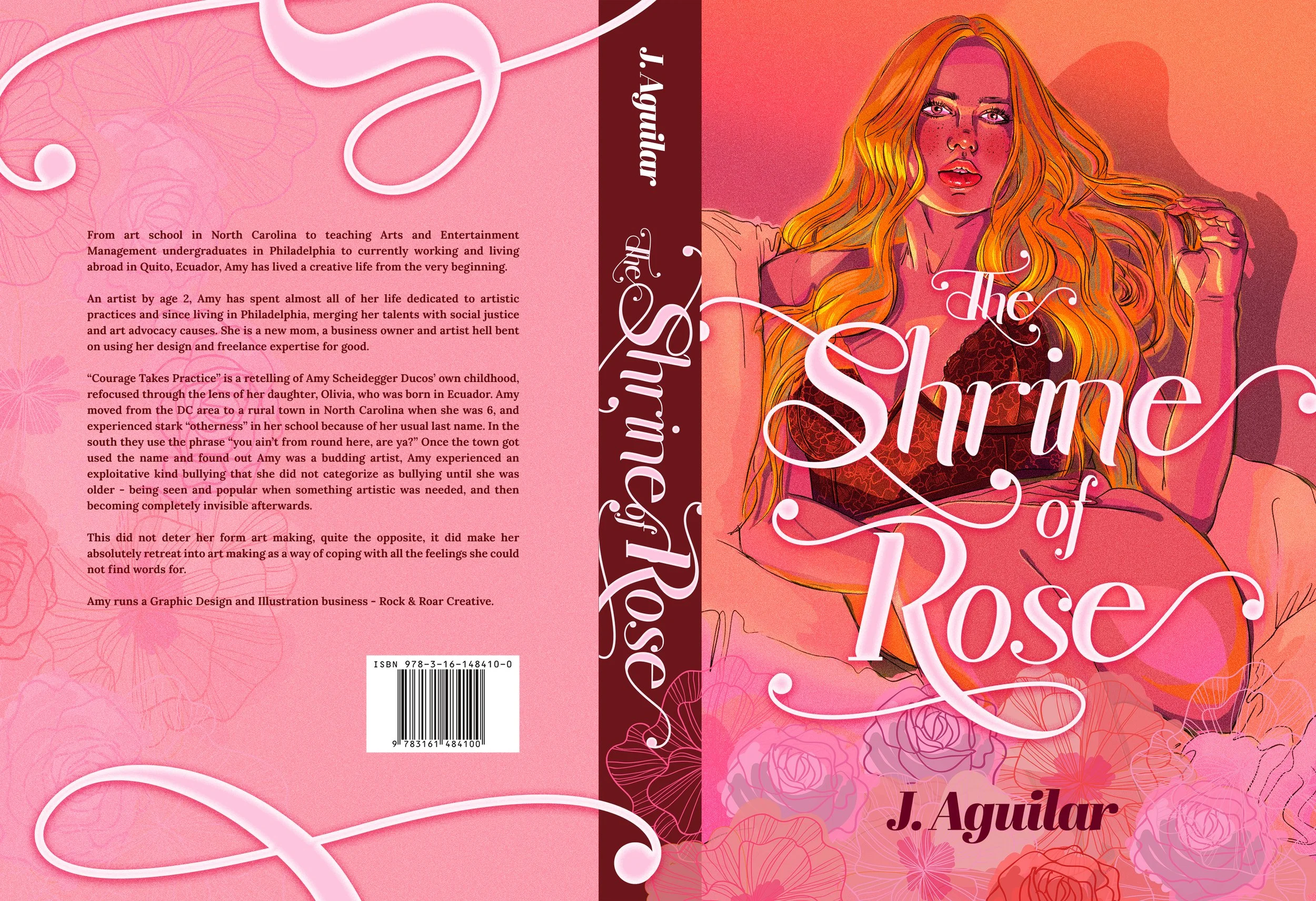 Book cover for 'The Shrine of Rose' by J. Aguilar, featuring an illustration of a woman with long, wavy red hair, sitting with her arms wrapped around her knees, on a pink background decorated with roses.