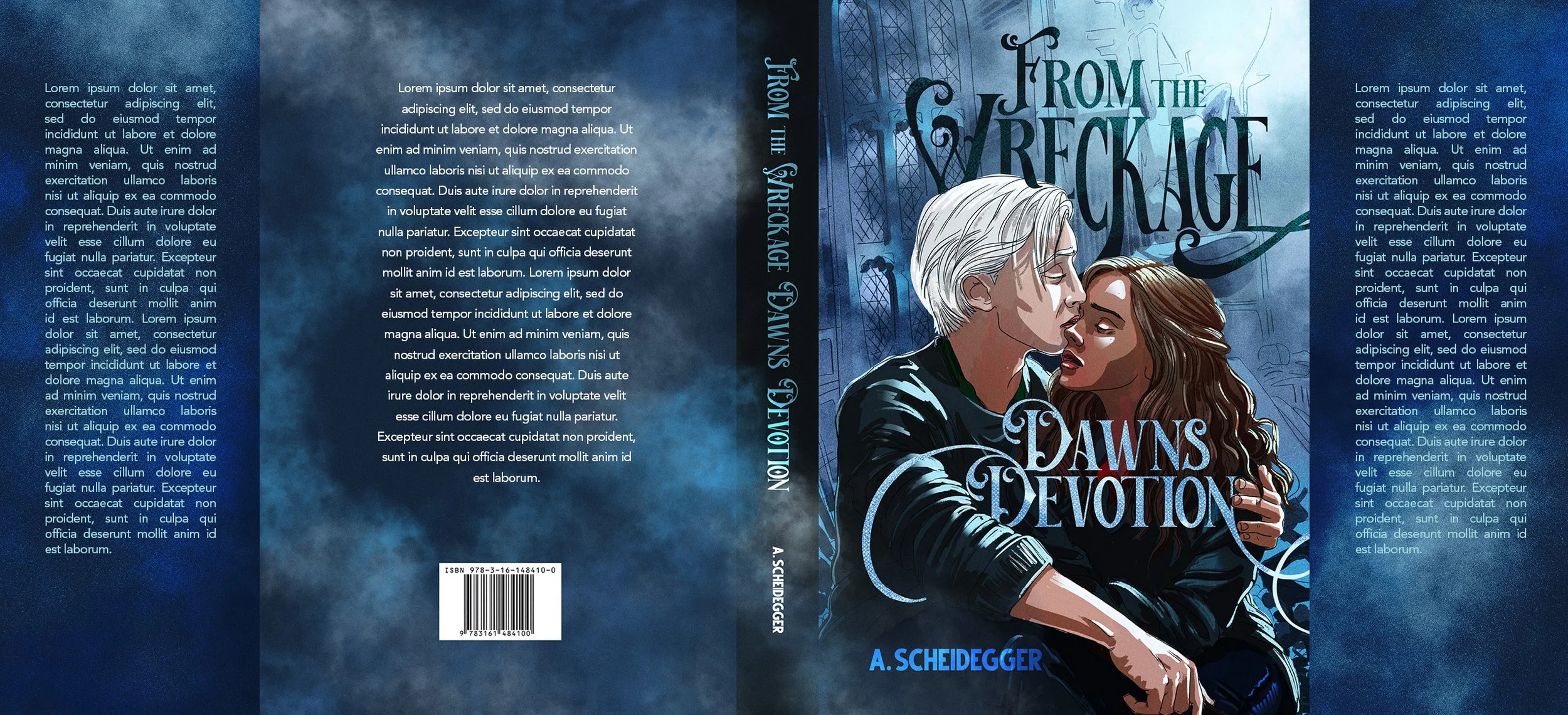 Book cover for 'From the Wreckage: Dawns of Devotion' by A. Scheidegger, featuring an illustration of a white-haired man and a dark-haired woman in an embrace, with a blue-toned background of a cathedral interior.
