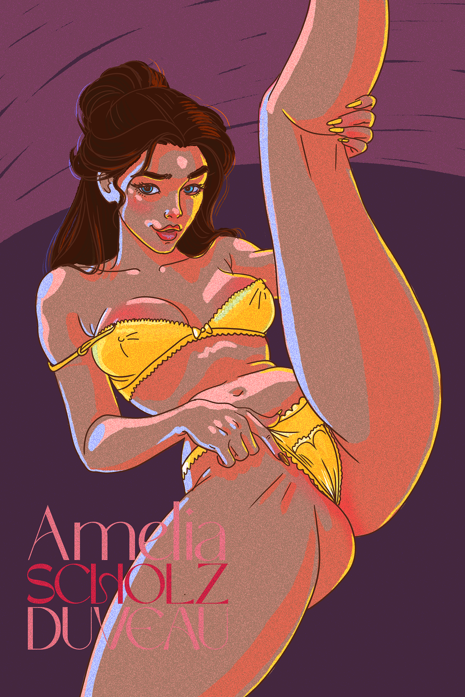 An illustration of a woman in yellow lingerie, posing sensually on a purple background, with the text 'Amelia Scholz Duguay' written in pink and red.