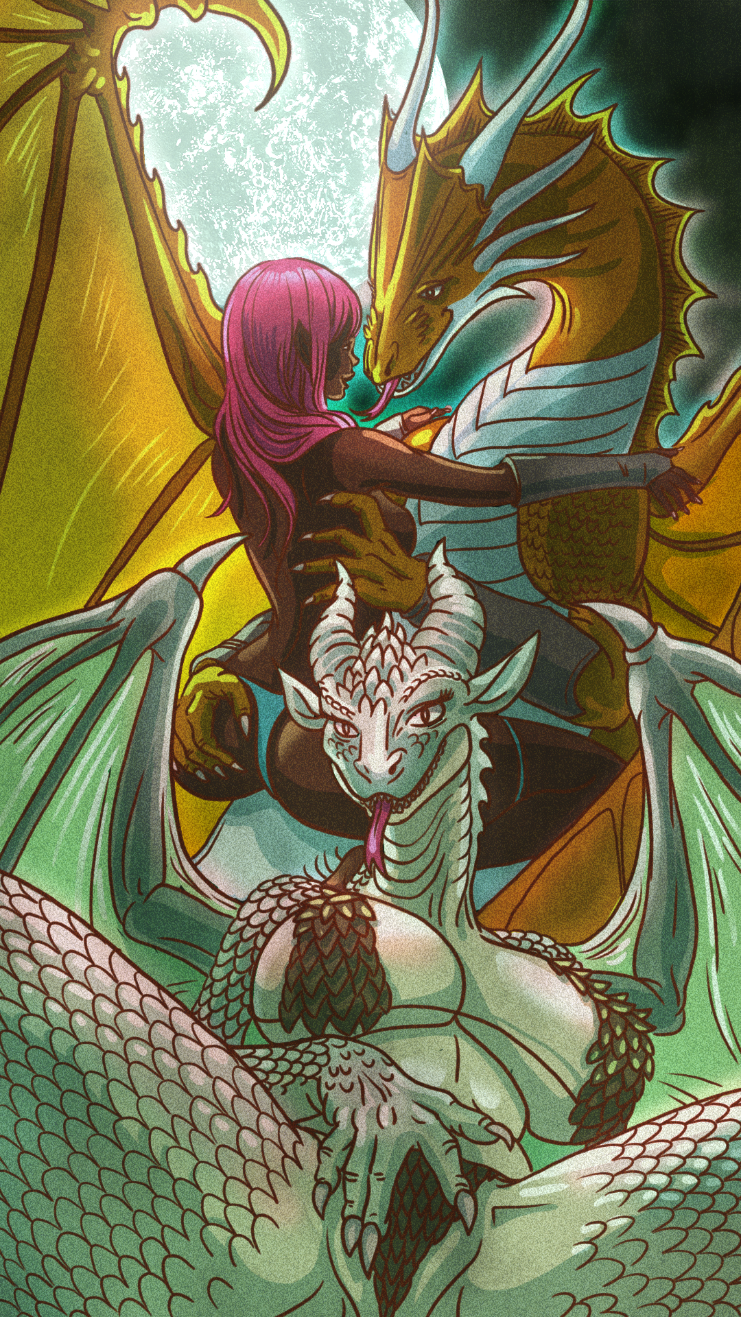 A fantasy illustration featuring a pink-haired woman, a large blue and gold dragon, and a white horned dragon with green wings, depicted in an embrace.