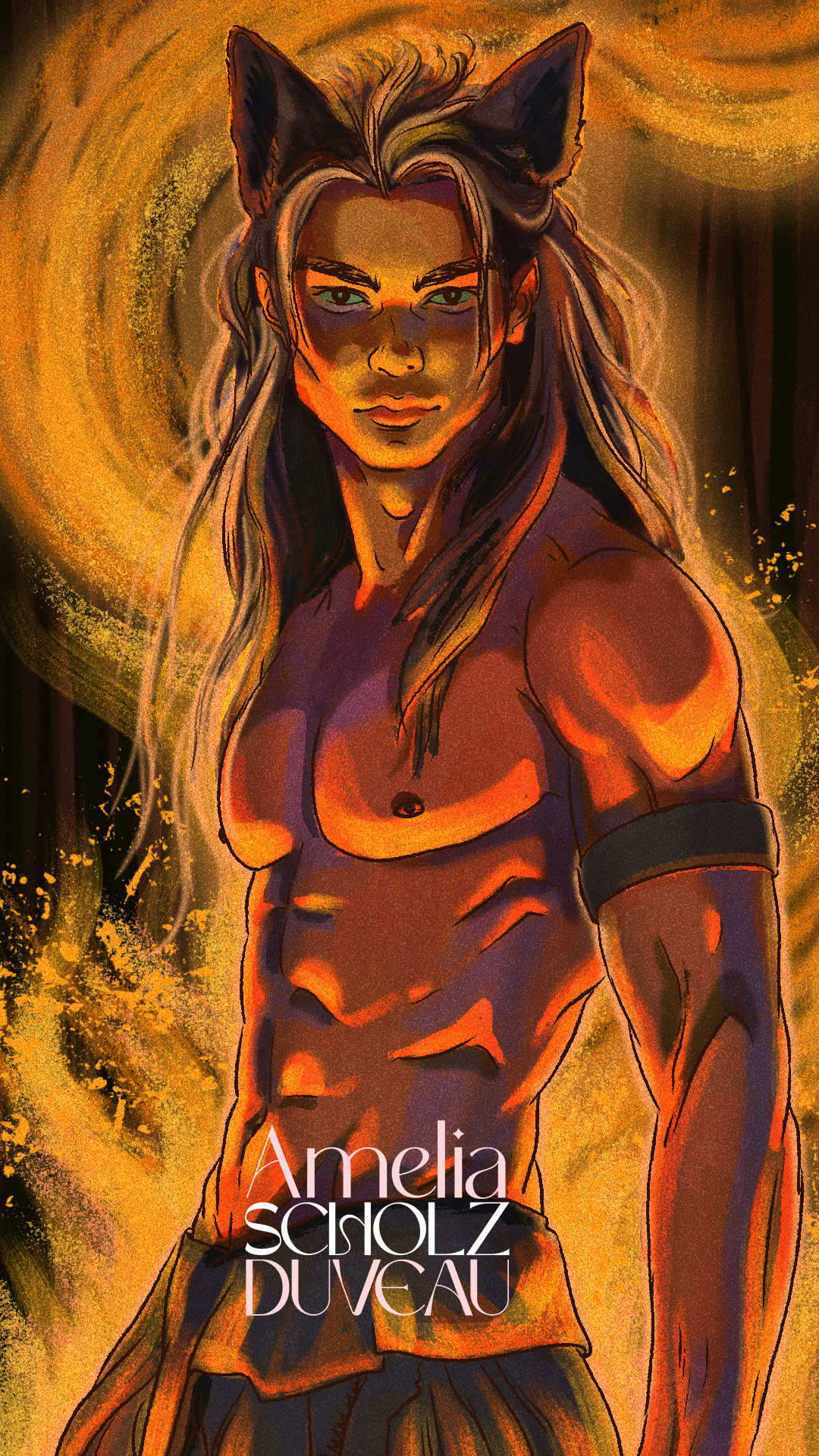 A fantasy illustration of a muscular humanoid character with cat ears, long hair, and glowing orange and yellow effects. The character is topless, showing defined abs, and is wearing a dark arm band. The background features swirling golden and orange