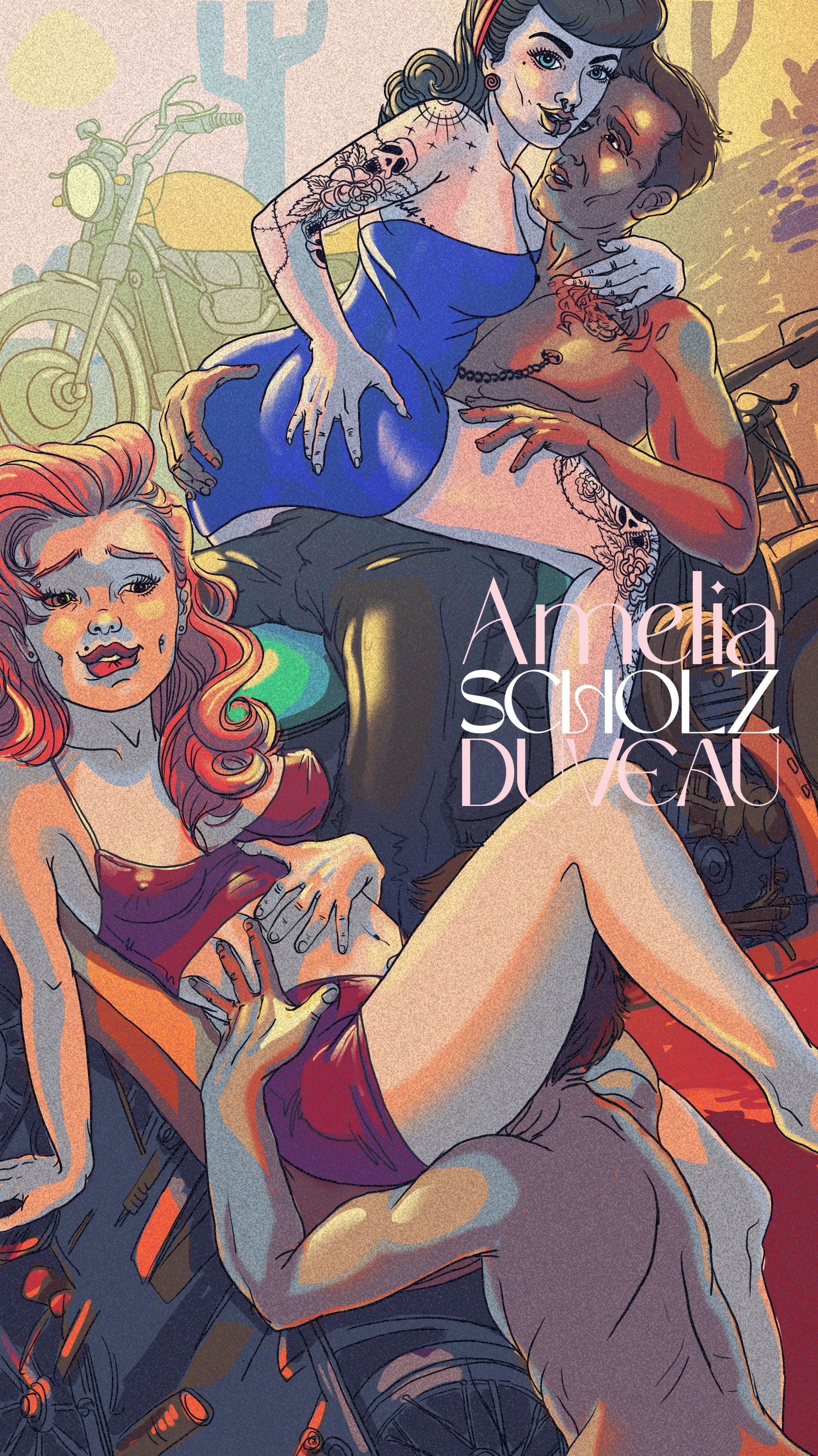 Illustration of three tattooed characters in a colorful, stylized scene with a motorcycle in the background. The characters include a woman with black hair in a blue dress, a man with brown hair and tattoos, and a red-haired woman in a red outfit.