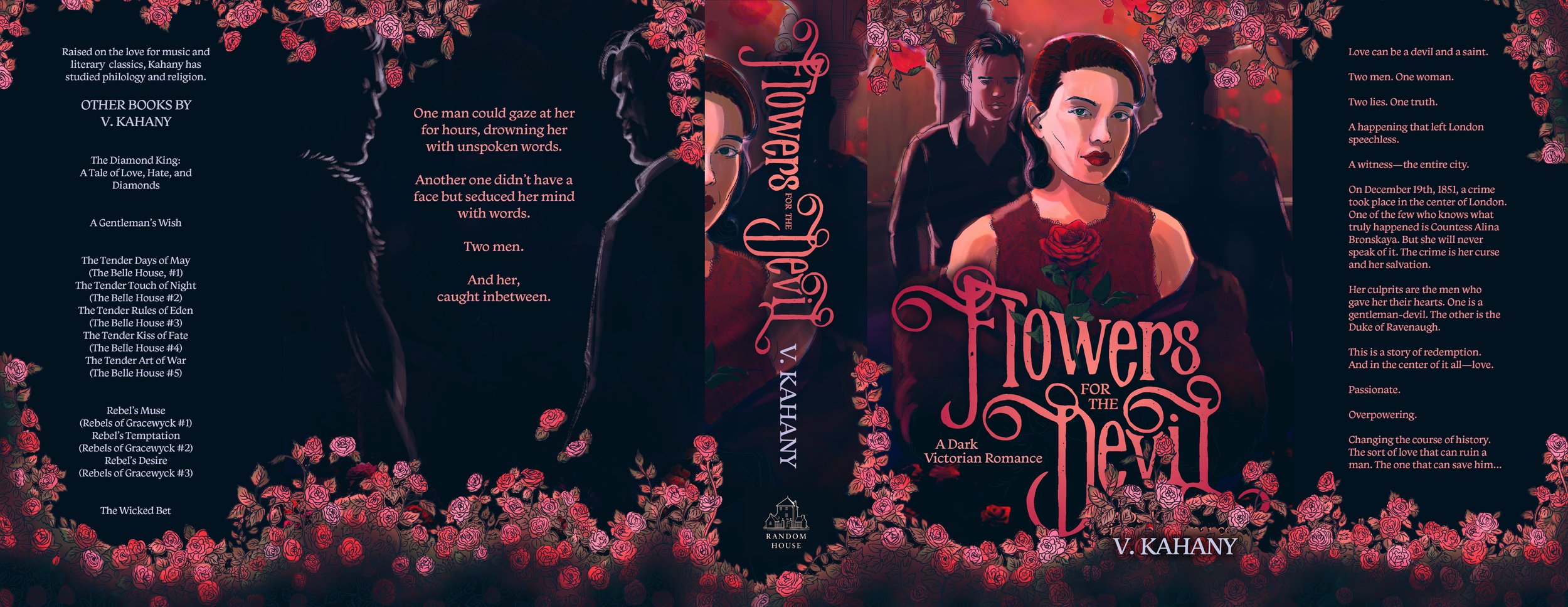 The book cover for 'Flowers for the Devil' by V. Kahany. The cover features an illustration of a Victorian-era woman holding a red rose, with three men and a woman in the background. The background is dark with red and pink roses framing the edges. T