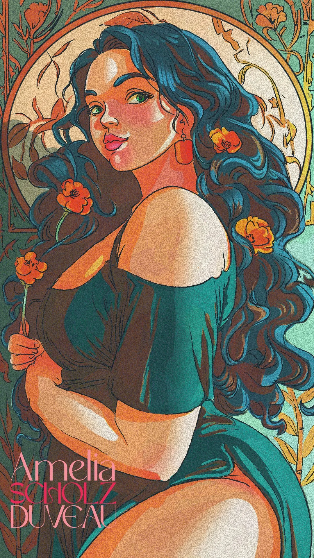 Illustration of a woman with long, curly dark blue hair with orange flowers, green eyes, wearing earrings and a dark off-shoulder top, holding a flower. Behind her is a decorative circular background with floral motifs. Text in pink and purple says '
