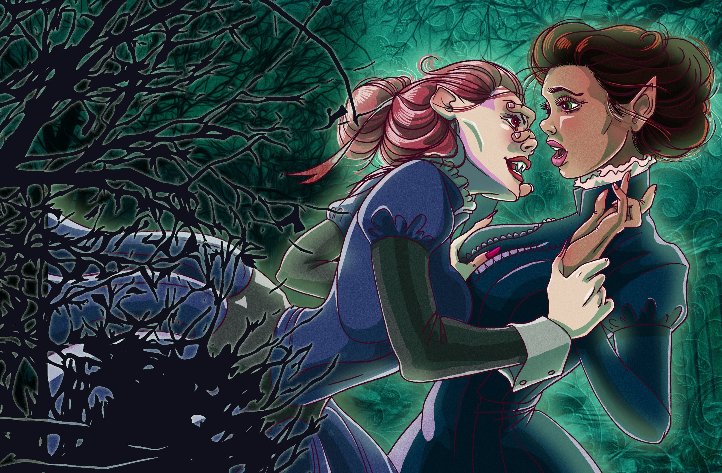 Two fantasy characters, one with pointed ears and red hair, and the other with sharp features and dark hair, are engaged in a tense confrontation outdoors at night. The scene is illuminated by a greenish glow, with dark twisted tree branches in the f