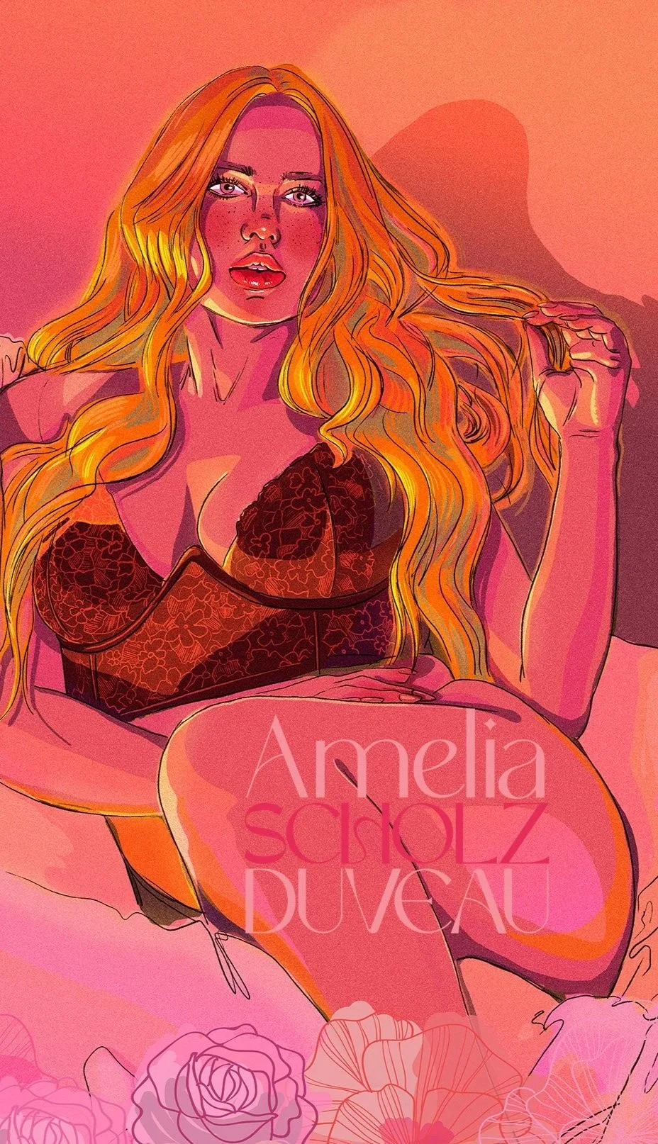 Digital illustration of a woman with long, wavy blonde hair, wearing a black lace lingerie top. She is sitting and holding a strand of her hair, against a pink background with roses at the bottom and the text 'Amelia Scholz Duvau' overlaid.