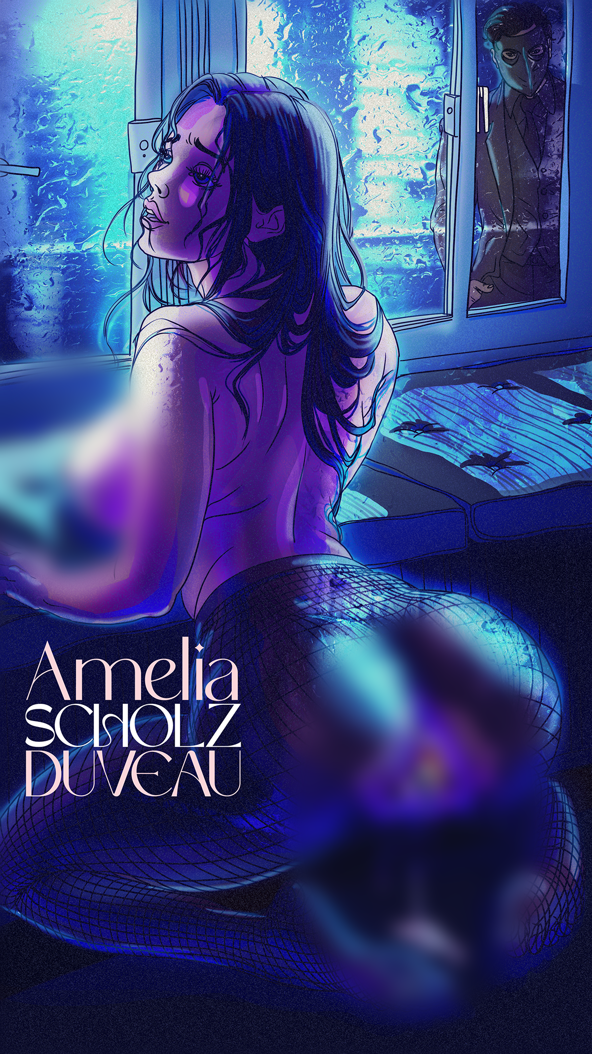 An artistic illustration of a woman with long dark hair, sitting on her knees on a bed in front of a rain-streaked window with a mysterious man in a suit and mask outside.