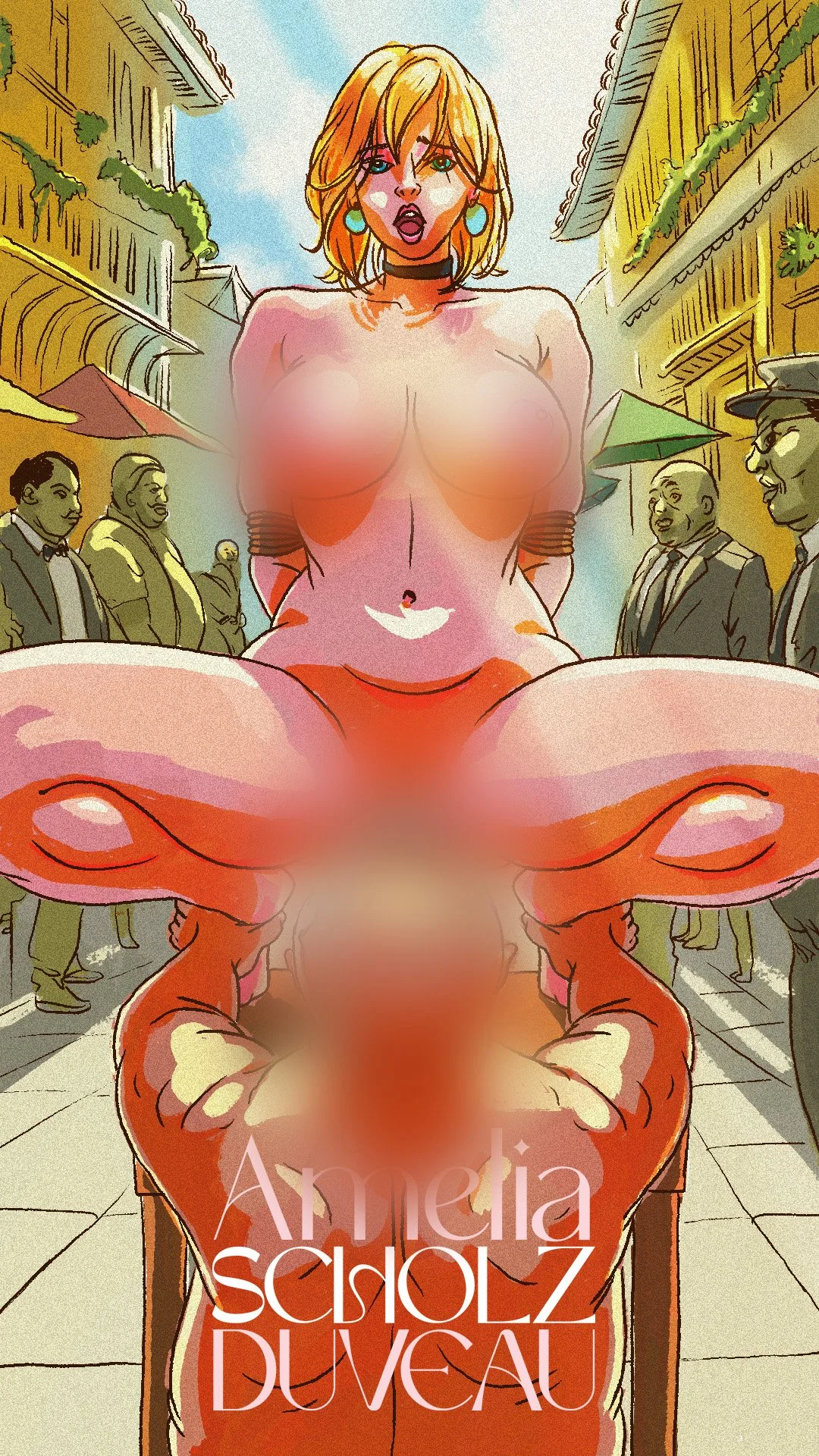 A provocative cartoon illustration of a nude woman with blonde hair, green eyes, and blue earrings, sitting with her legs spread open in a street scene. The background shows several men in suits and onlookers, with buildings and shops surrounding the