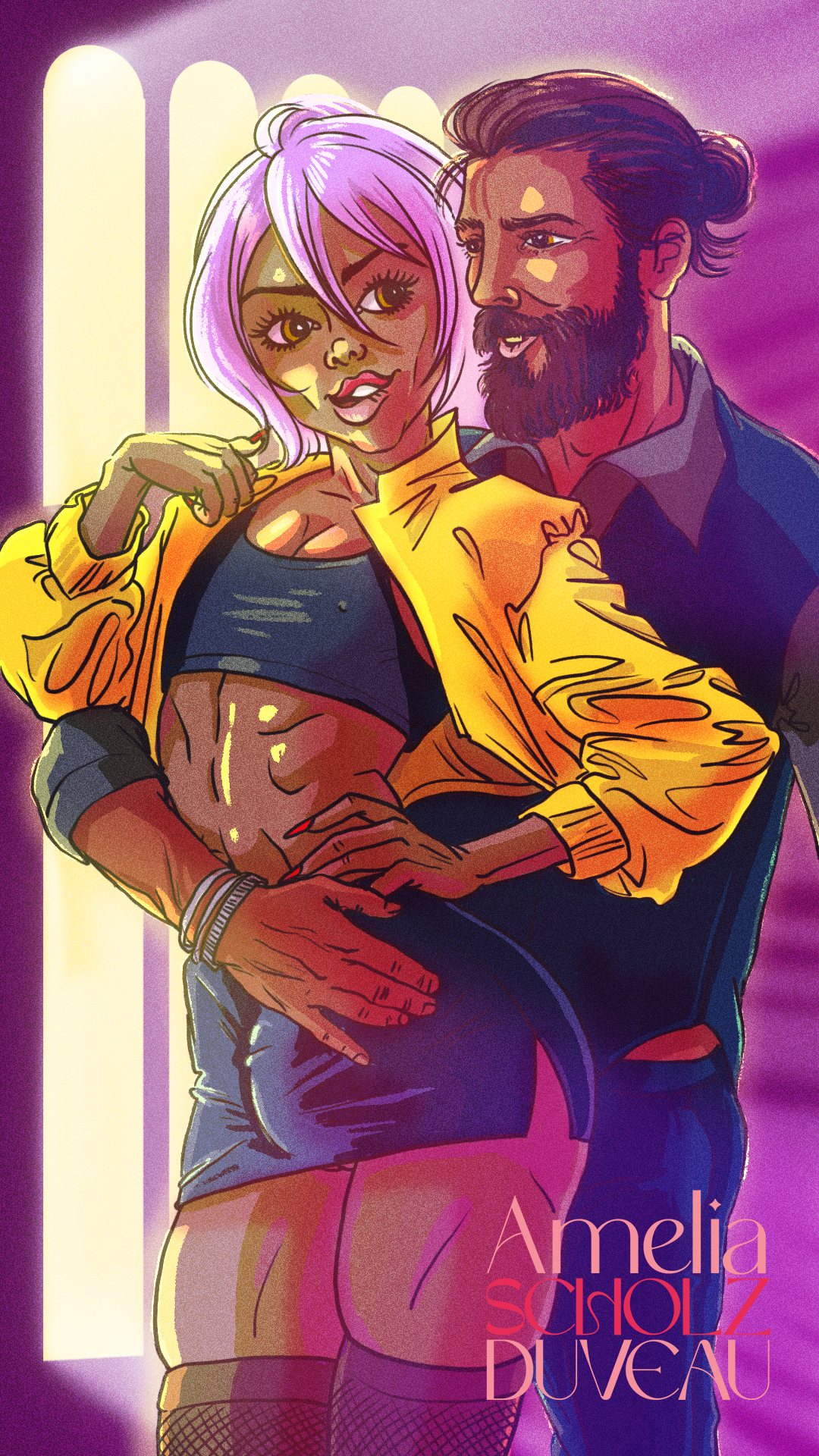 Digital illustration of a woman with short pink hair and a man with a beard, both posing provocatively in a nightclub setting with purple and yellow lighting. The woman is wearing a black sports bra, denim shorts, fishnet stockings, and a yellow jack