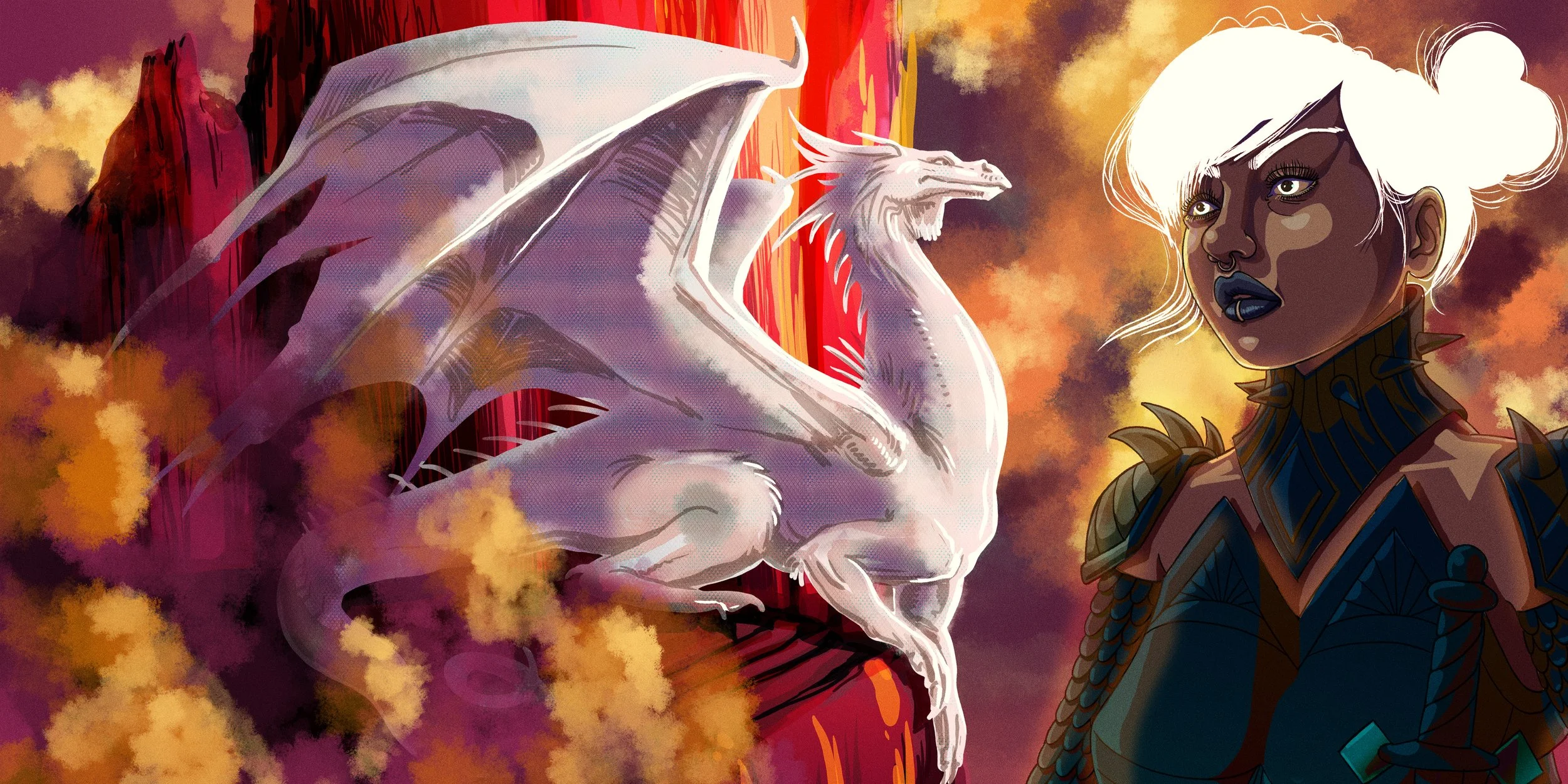 A white dragon perched on a rocky ledge with red glowing lava behind it, and a dark-skinned woman with white hair and dark eye makeup standing nearby in a fantasy setting with fiery skies.