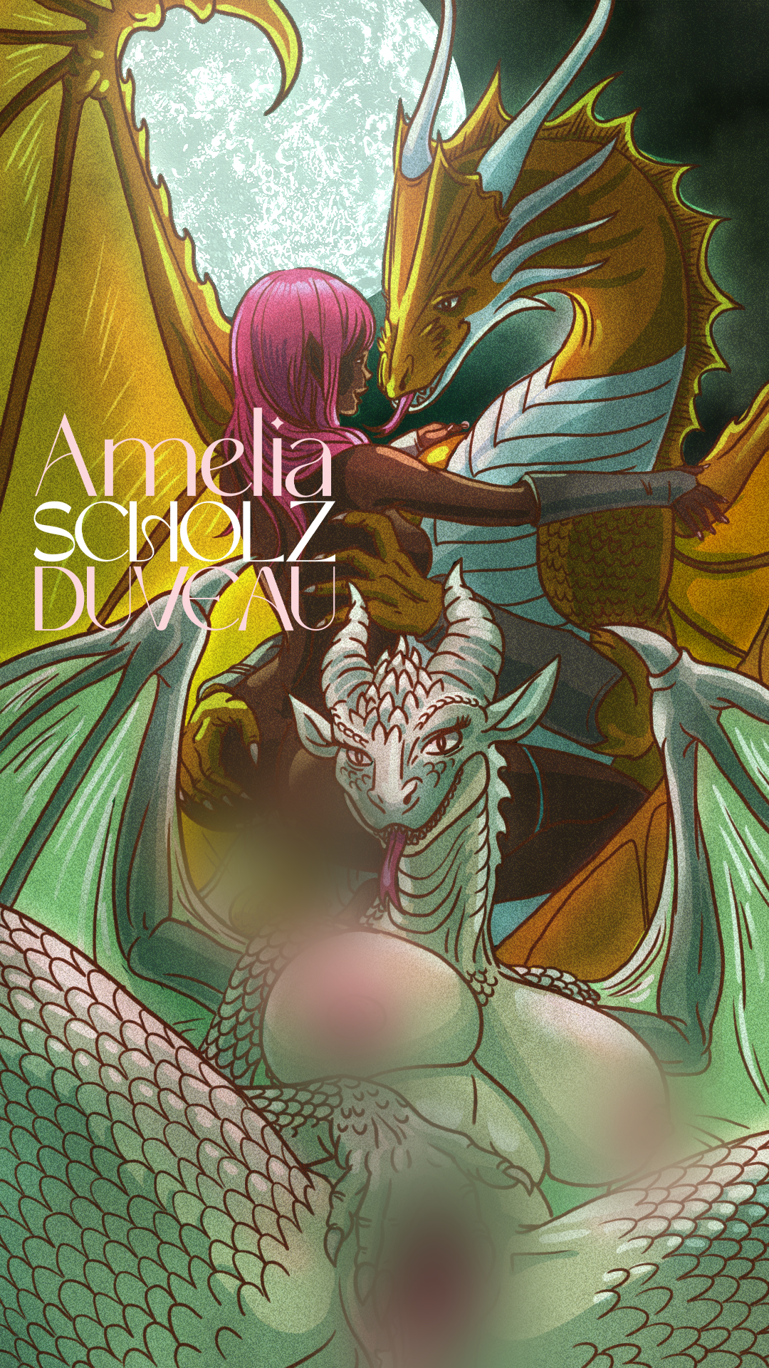 A fantasy scene featuring a pink-haired woman in armor with a large yellow and gold dragon, a smaller grey and white dragon, and a green-scaled serpent with horns. The scene is dramatic with glowing light and detailed mythical creatures.