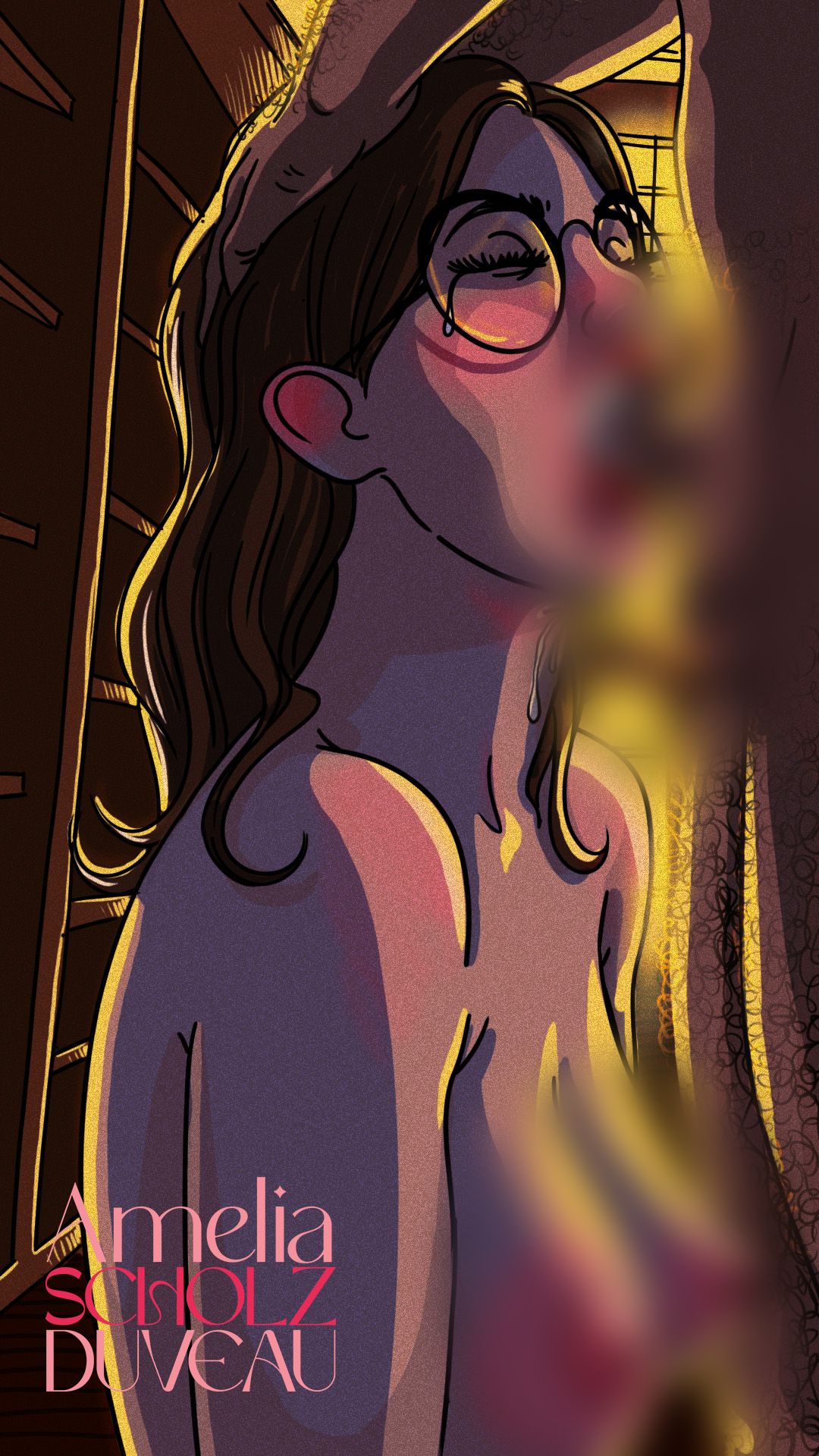 A stylized digital illustration of a woman with long wavy hair, glasses, and large hoop earrings, standing nude in a dimly lit room with a dresser and curtains. The image has warm tones and the words 'Amelia Scholz Duveau' written in pink and white t