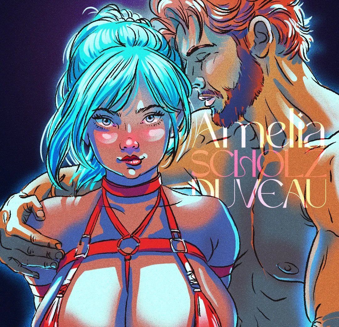 A digital illustration of a young woman with blue hair and a man with reddish hair and beard, both shirtless, standing close together and touching foreheads. The woman wears a red harness-style top, and the man has his arm around her. The background is dark with a neon style, and the text 'Amelia School of Sexual' overlays the image.