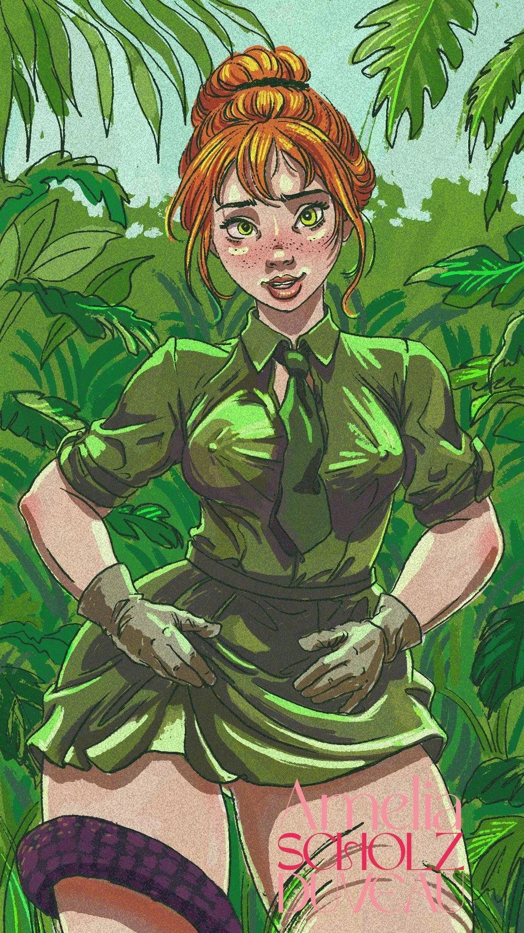 An illustrated woman with red hair tied in a bun, green eyes, and freckles, standing in lush jungle foliage. She is wearing a military-style shirt and tie, gloves, a skirt, and a thigh-high sock.