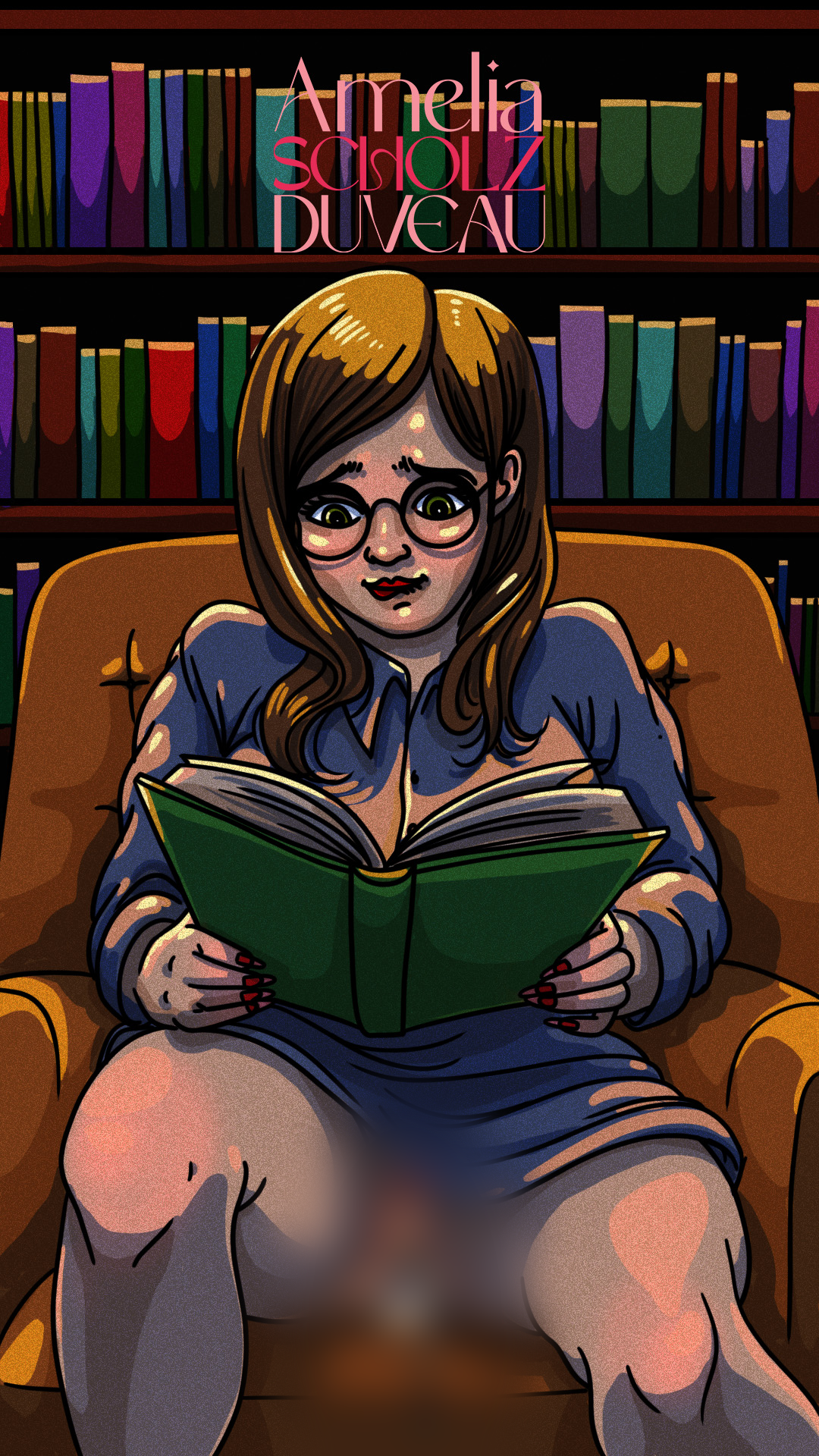 Cartoon illustration of a woman with glasses reading a green book while sitting on an armchair in a library with colorful bookshelves and the author's name, Amelia Sadtz Duveau, at the top.