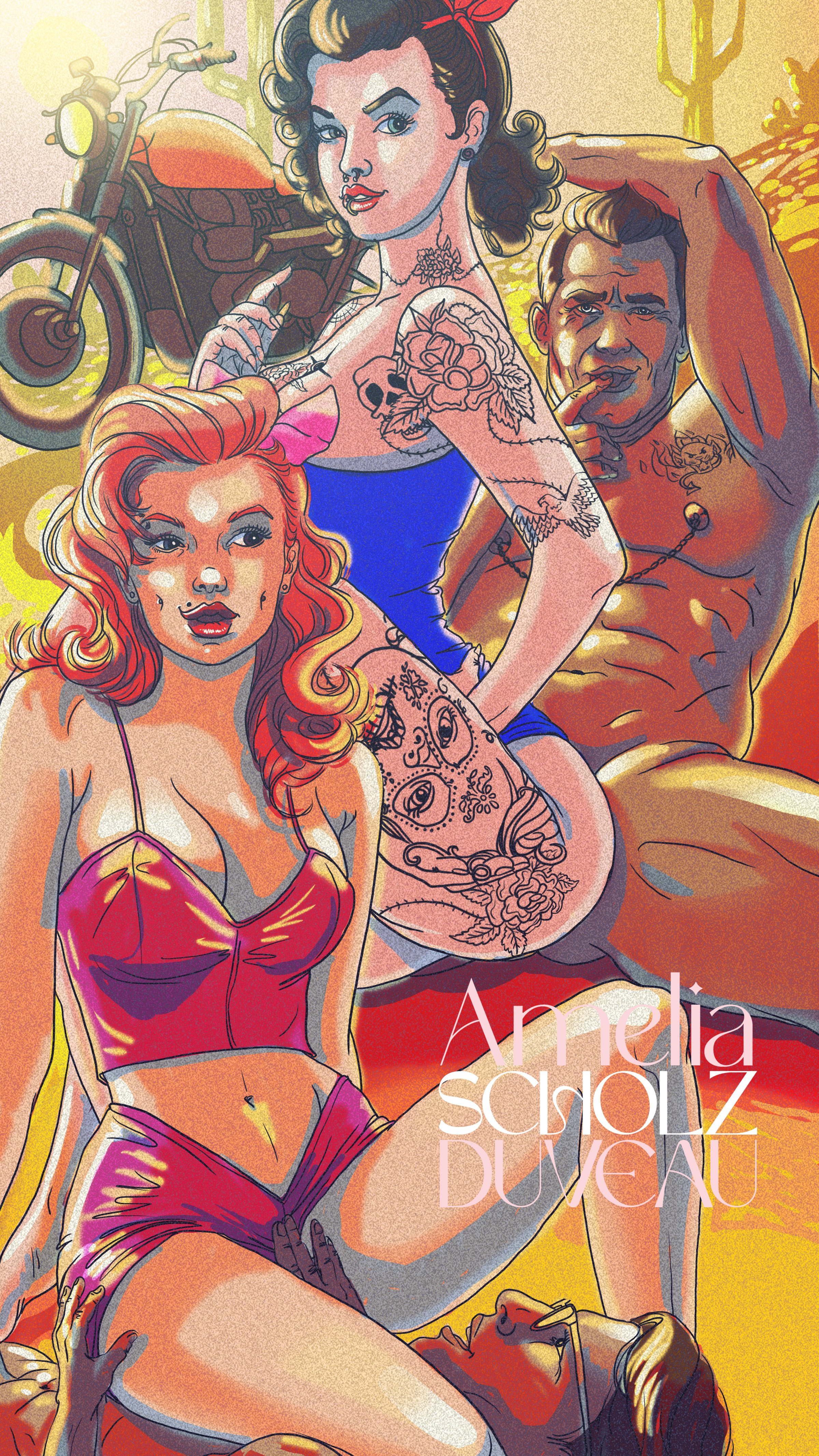 Colorful illustration of three tattooed women in vintage clothing, with a motorcycle in the background and sunlit desert scenery. The text reads "Amelia Scholz Duvau."
