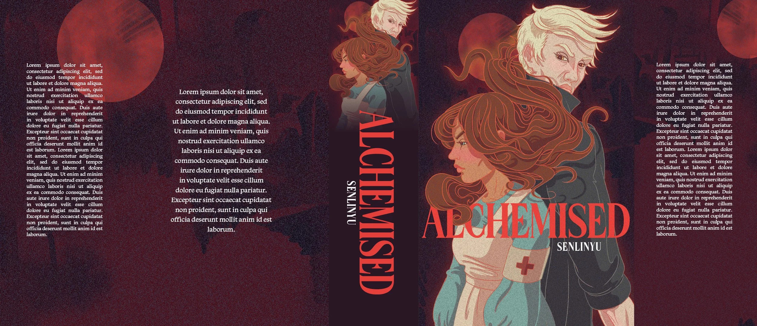Book cover illustration for play titled 'Alchemist'. Features a man with blond hair staring back, and a woman with long, wavy red hair, wearing a nurse's uniform, standing in front of him. The background is dark with red-orange circles and patterns.