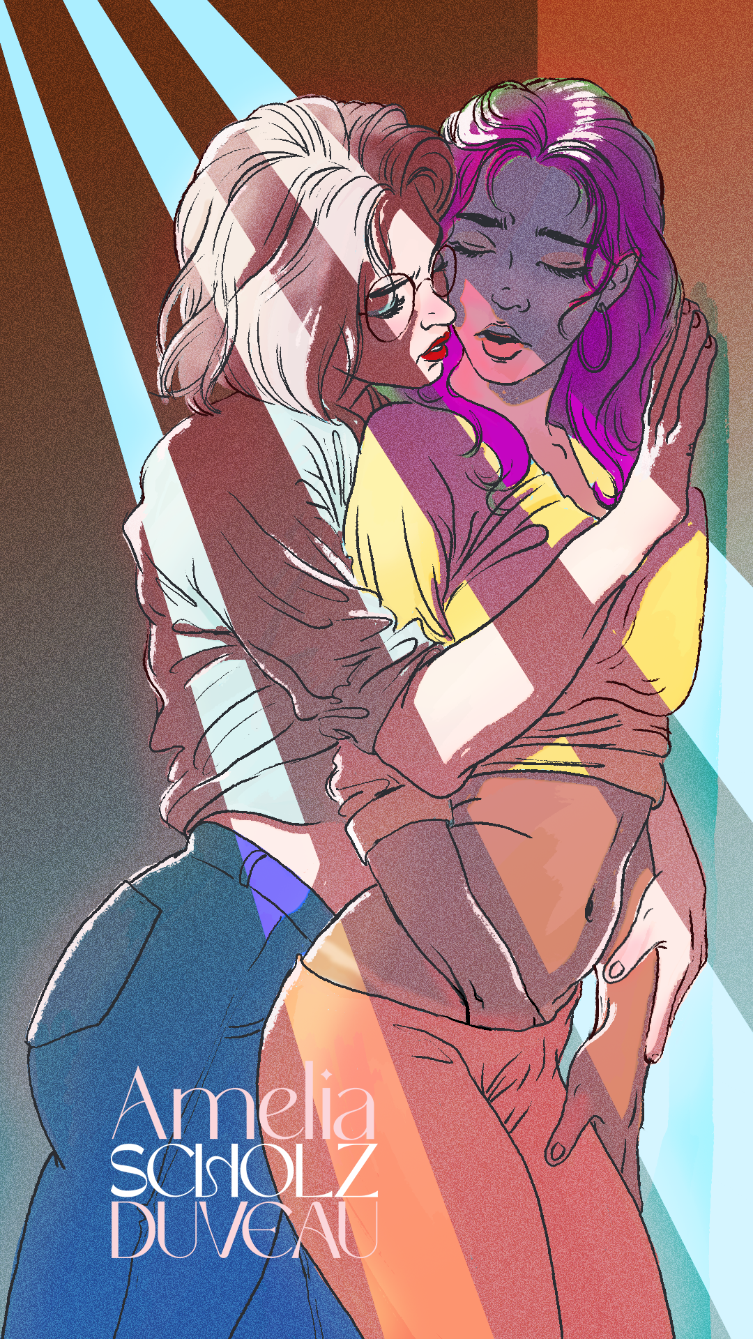 Illustration of two women in an intimate embrace, one with glasses and short hair, the other with long purple hair, standing in front of a colorful background. The text 'Amelia Schwarz DuVau' is written at the bottom.