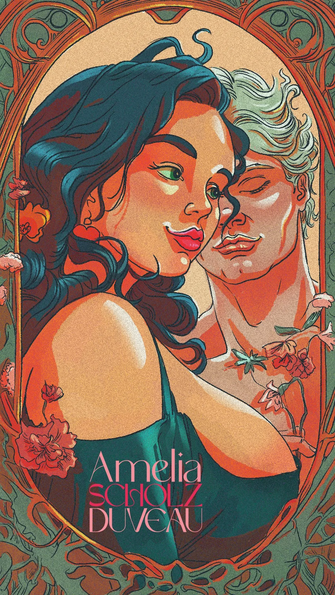 Artwork of a woman with dark hair and a man with light hair, both smiling and close together, surrounded by flowers, with the names 'Amelia Scholz Duveau' written at the bottom.
