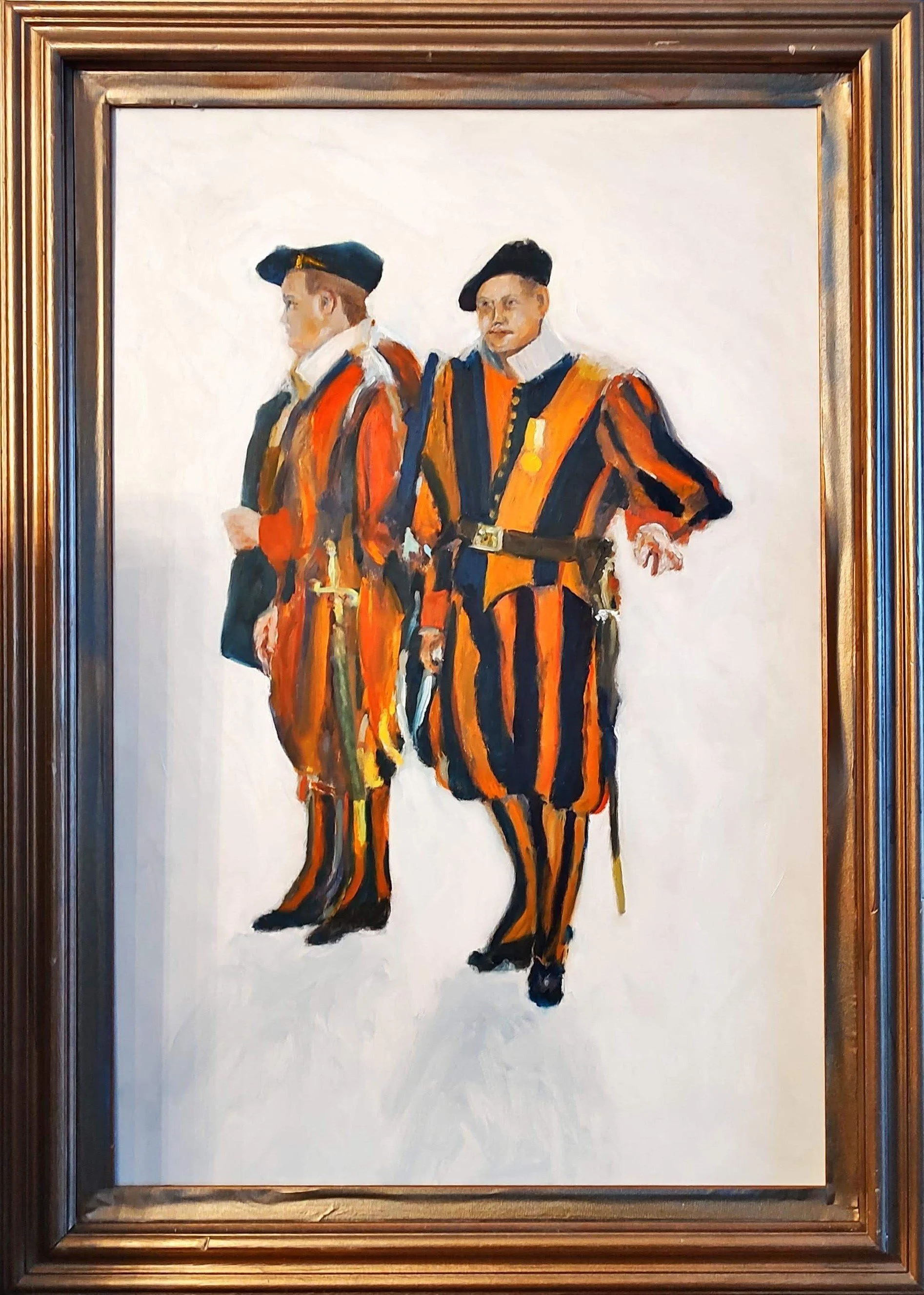 A painting of two men dressed in colorful, historical striped costumes, standing with one man gesturing with his hand. The background is white, and the painting is framed with a gold frame.