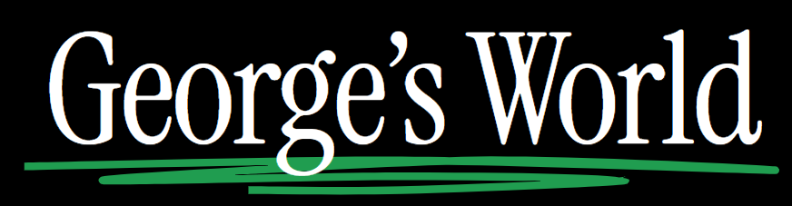 Logo with the text "George's World" in white on a black background, with green underline markings.