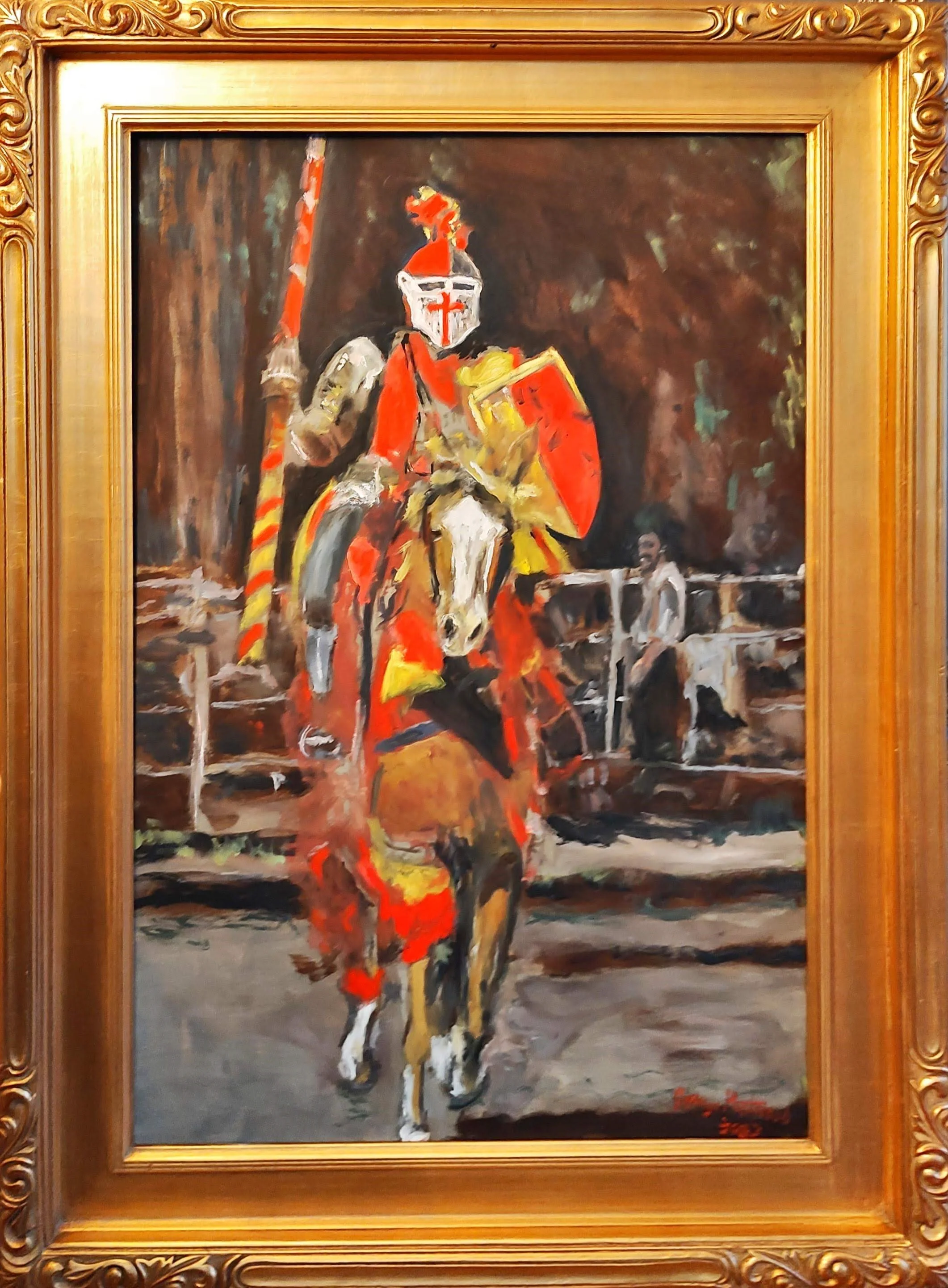 A colorful painting of a knight in armor riding a horse, holding a lance and shield, with a background that includes other figures and a dark, wooded setting.