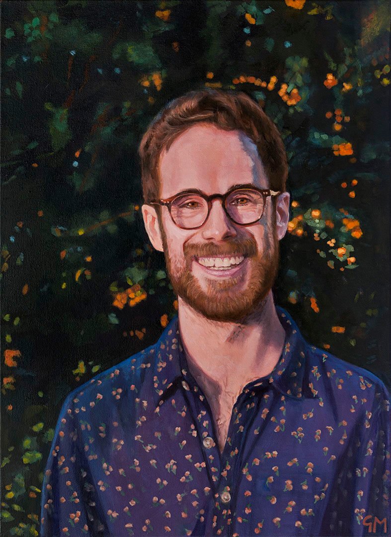 Oil portrait of Bob, who is wearing a blue patterned shirt and standing infront a bush filled with orange berries
