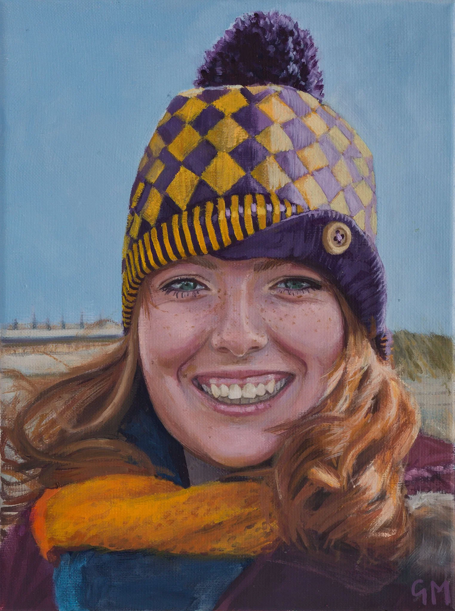 Oil portrait of Emma who is captured smiling at the viewer and wearing a colourful hat and scarf
