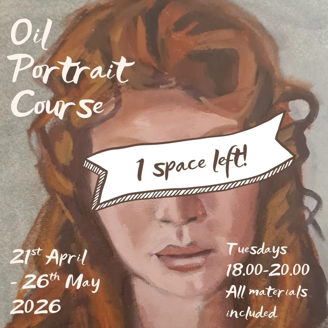 Painting of a woman with a banner across her eyes that says '1 space left!'. Text on the image advertises an oil portrait course from April 21 to May 26, 2026, on Tuesdays from 6:00 PM to 8:00 PM, including all materials.
