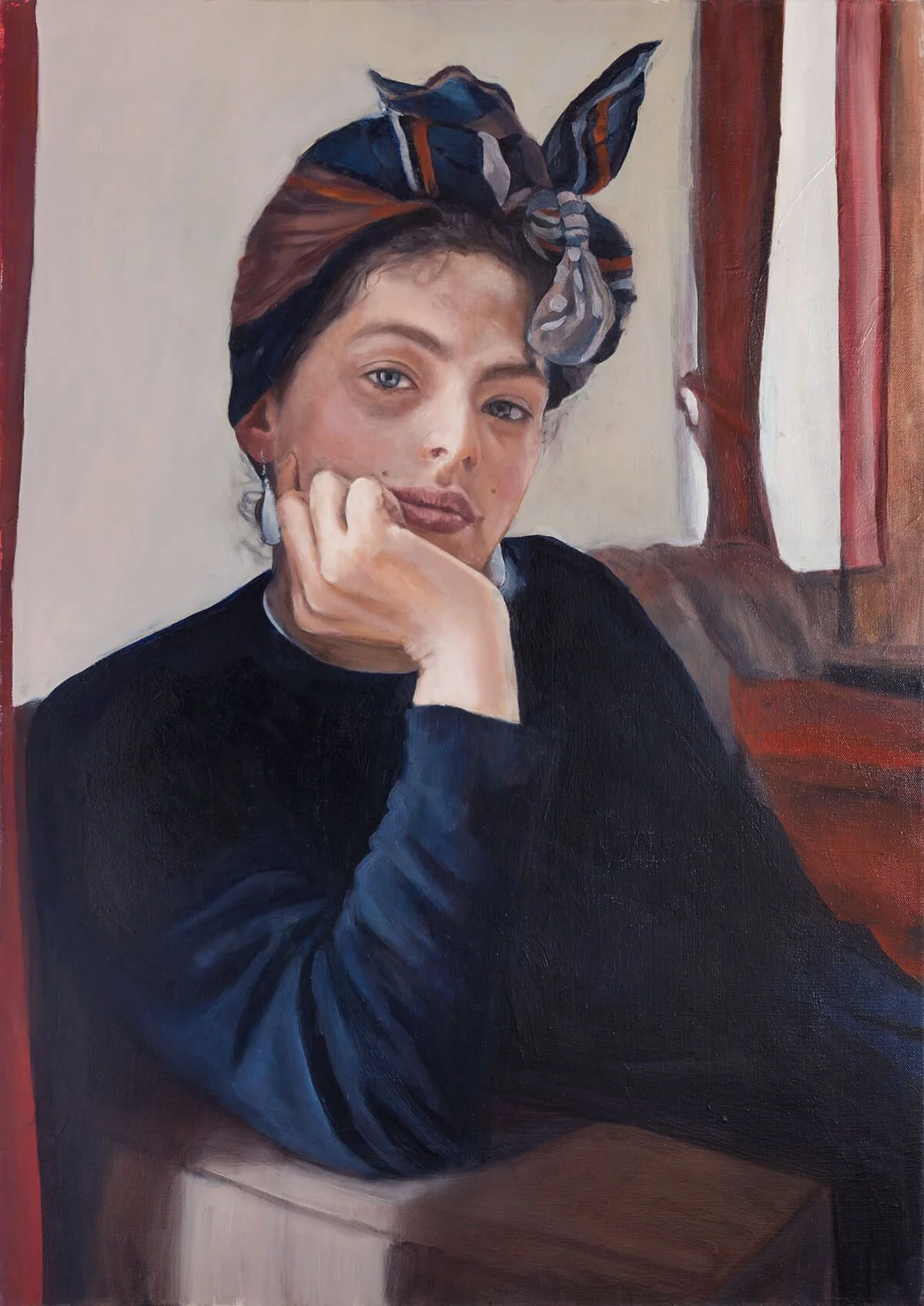 Oil portrait of Frances, who is looking questioning at the viewer, with her hand to her mouth. Frances is wearing a navy jumper and a head scarf.
