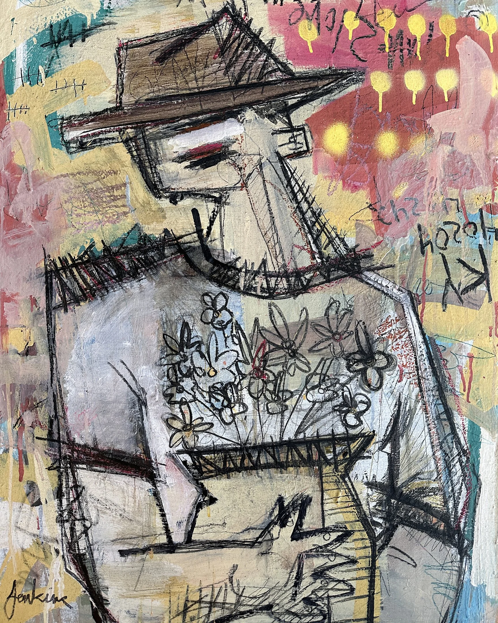 An contemporary abstract painting by Joshua Jenkins of a figure in a cowboy hat holding a vase of flowers, with graffiti inspired textures throughout