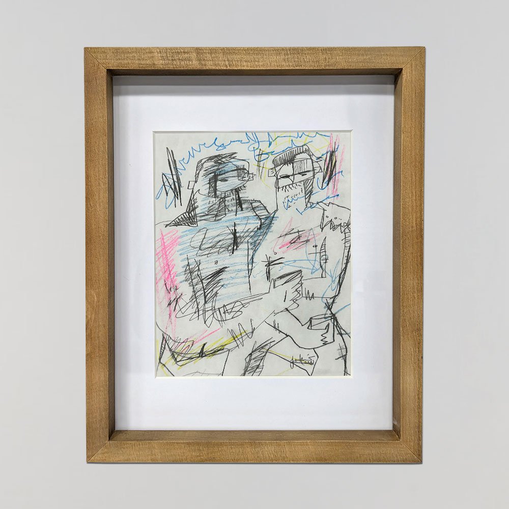 An contemporary abstract drawing by Joshua Jenkins of two nude figures holding one another while drinking bourbon.