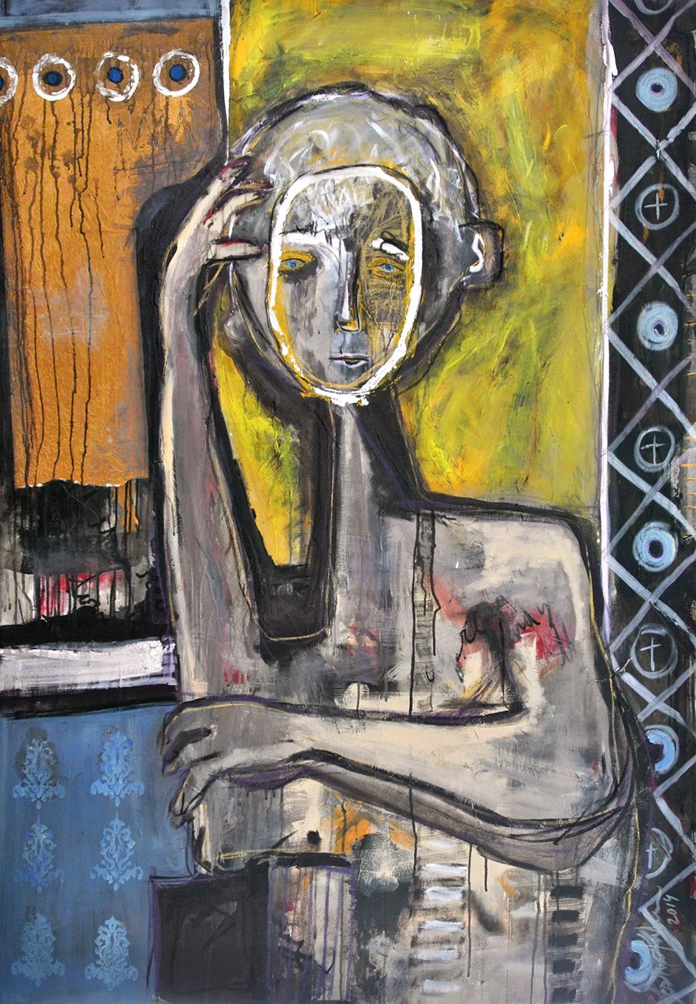 An abstract painting of a woman with a distorted face holding her head with her hand, using bold lines and muted colors with hints of yellow, orange, and blue background.