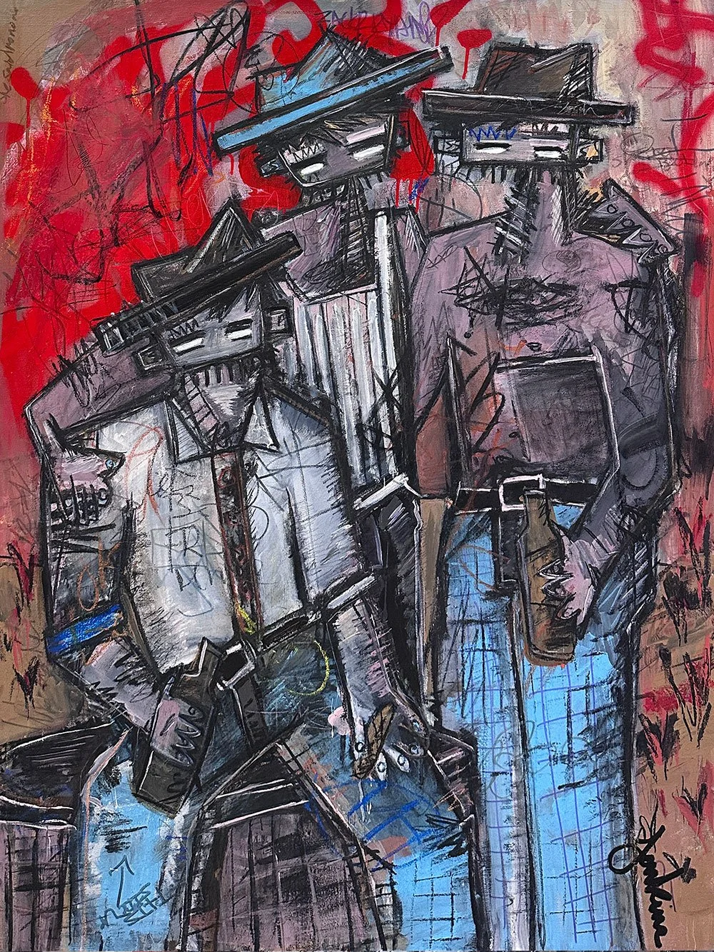 “Drinkin' Buddies” 30 × 40 x 1.5 in, Acrylic & Mixed Media on canvas (2024)