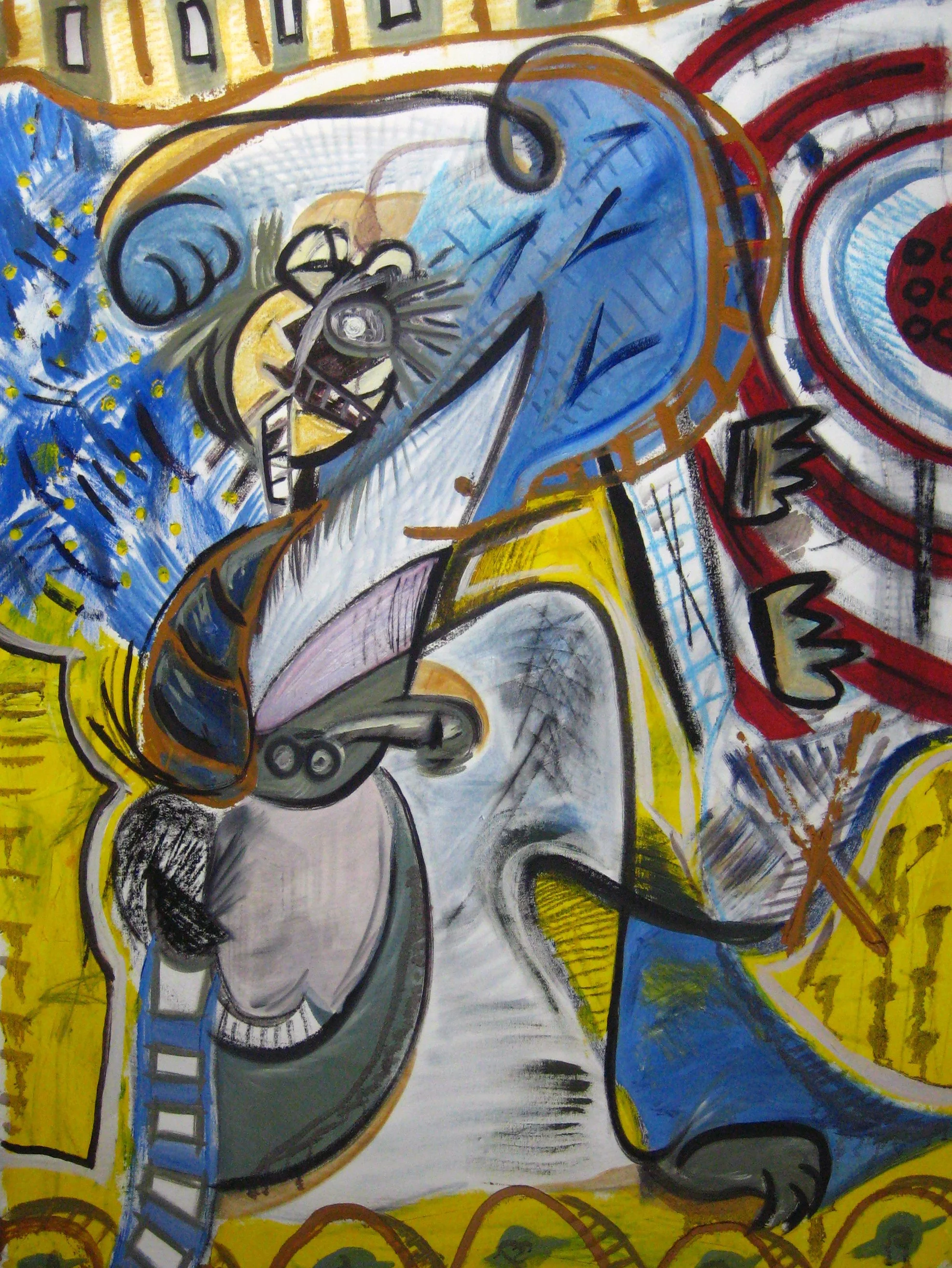 Close-up of a colorful abstract painting featuring a stylized face with geometric shapes, lines, and vibrant colors including blue, yellow, red, black, and gray.